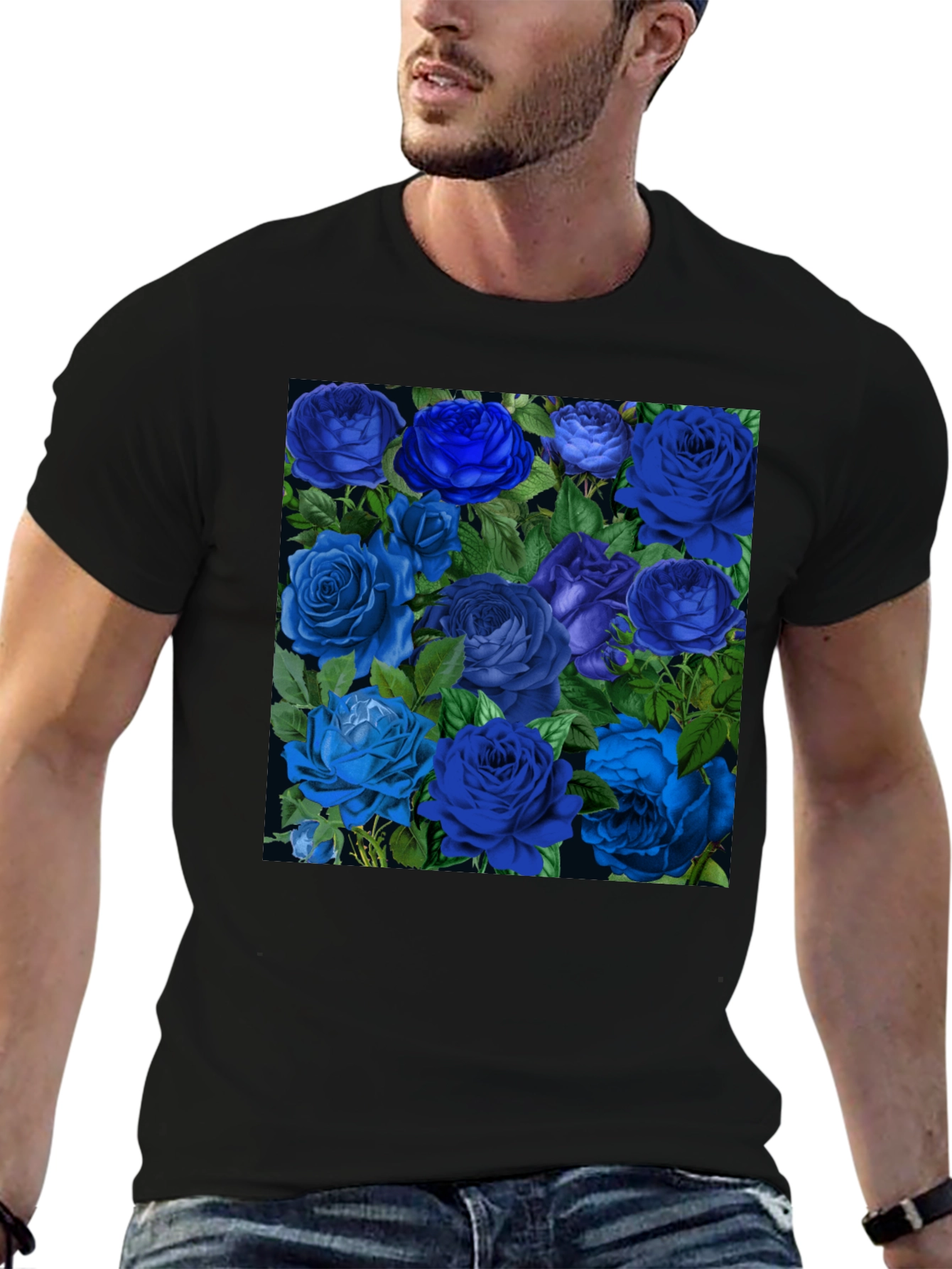 Black Blue Roses Graphic Print Tee - Black view 6