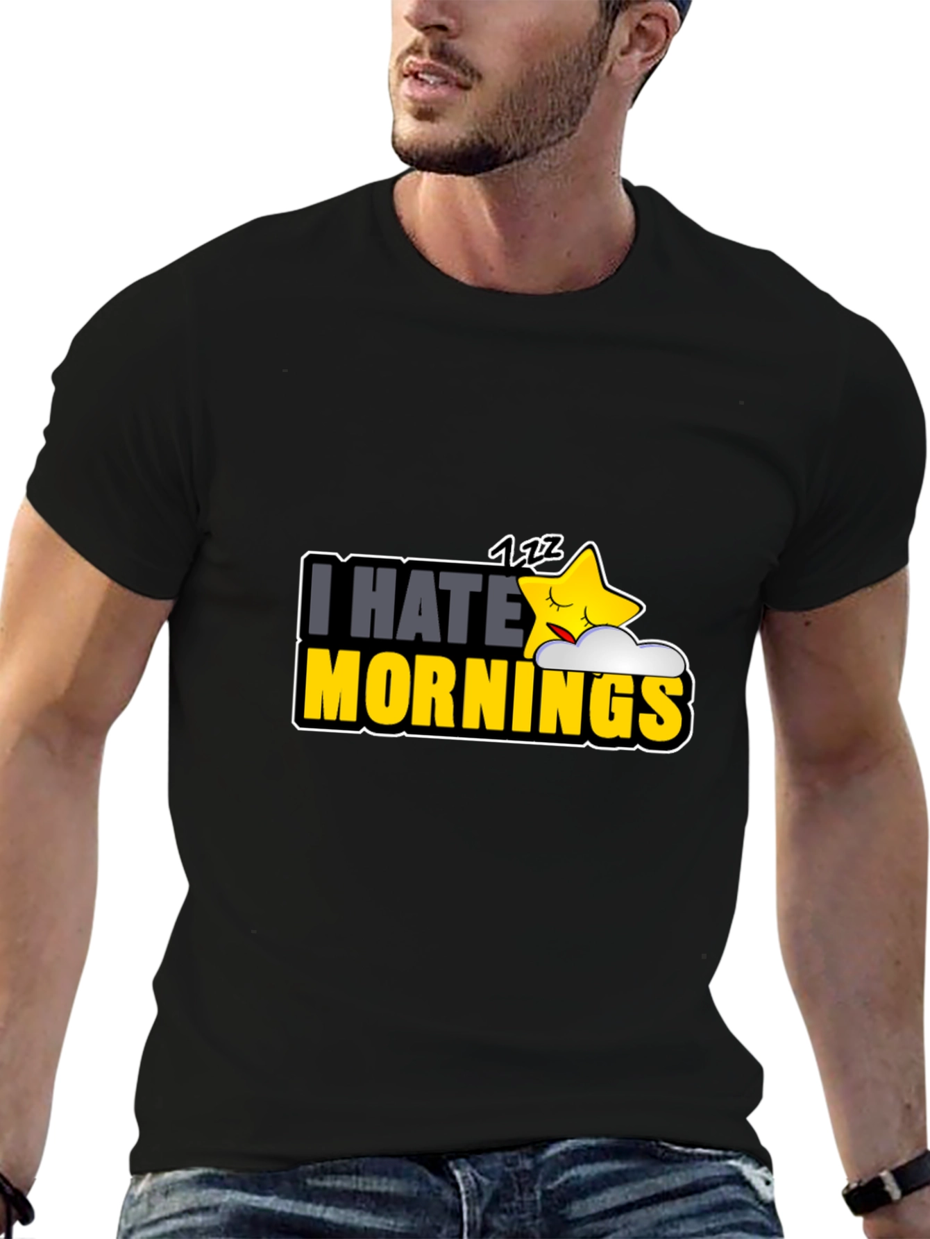 Black I Hate Mornings Graphic T-Shirt - Funny Sleepy Star Design view 6