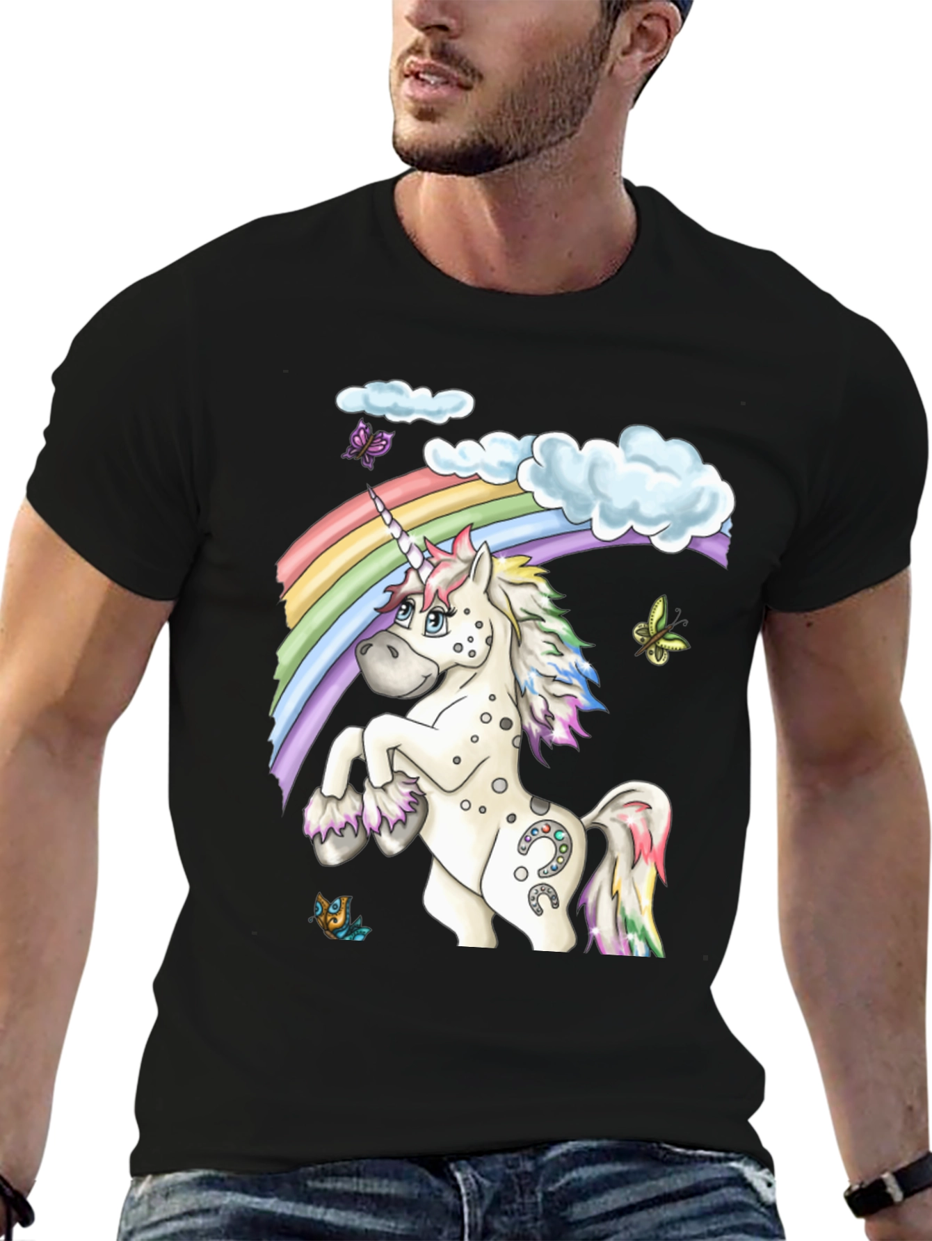 Black Unicorn Rainbow Graphic Tee - Black Casual Shirt view 6