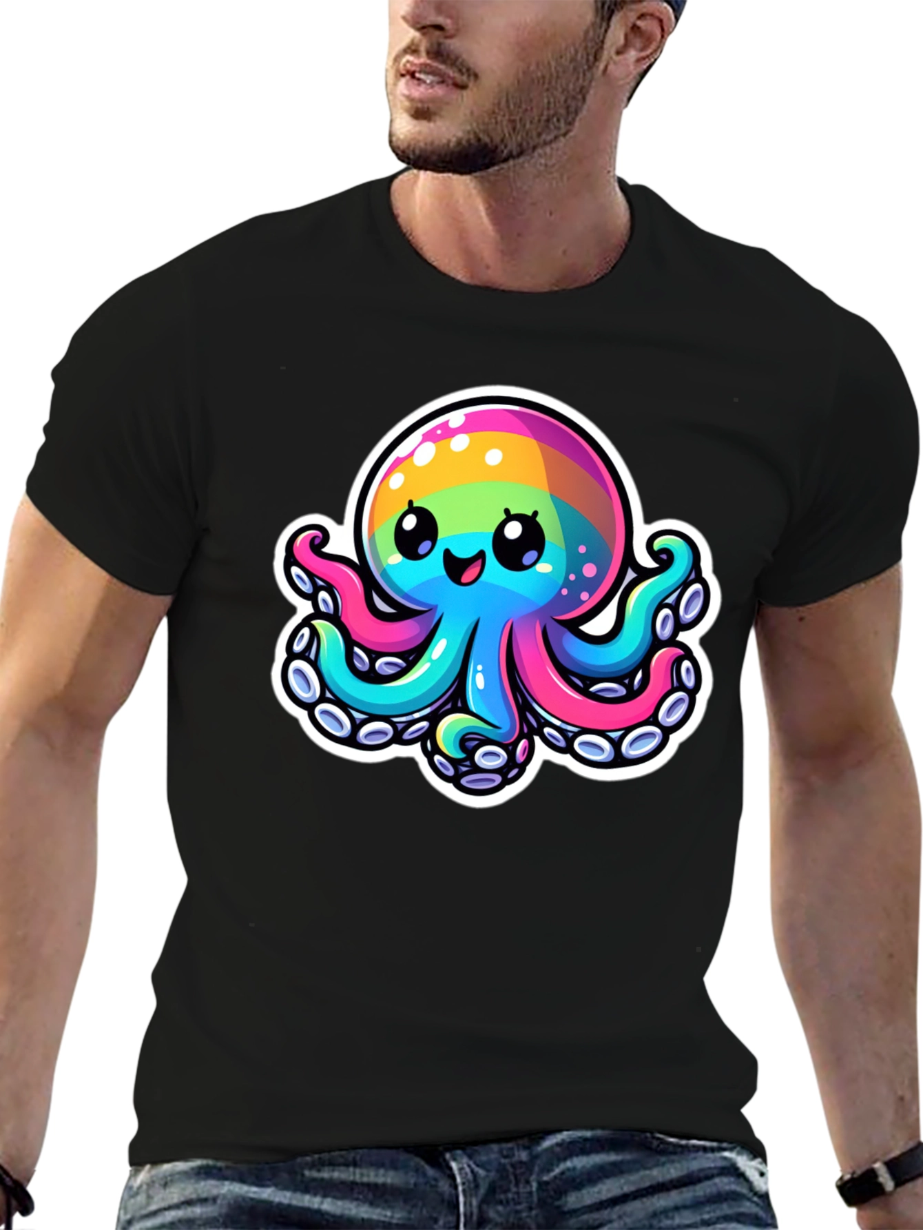 Black Rainbow Octopus Graphic Tee - Unique Colorful Design view 6