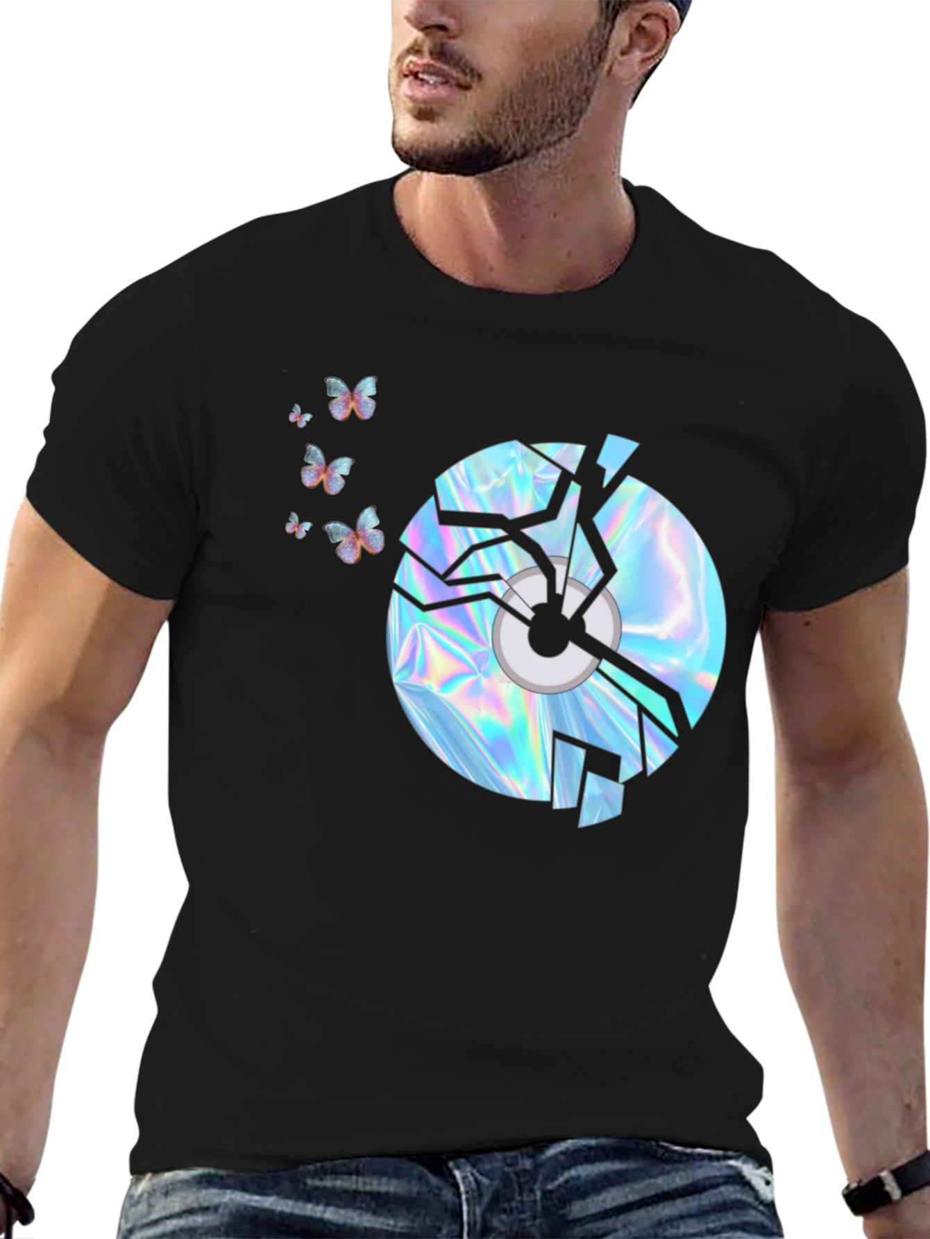 Black Broken CD Graphic Tee - Holographic Butterflies Design view 6