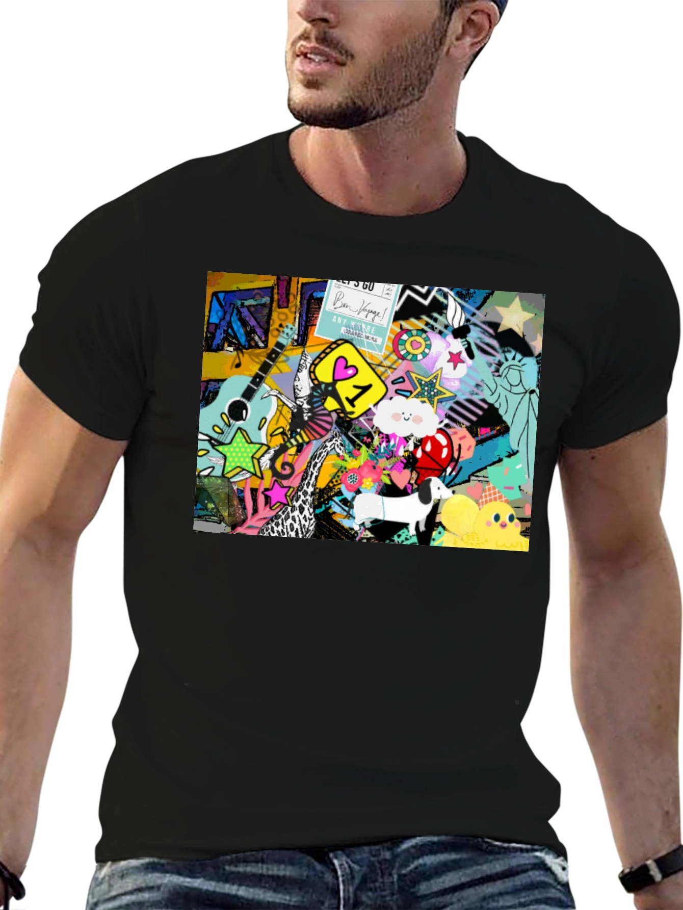 Black Funky Art Print Black Cotton T-Shirt view 6