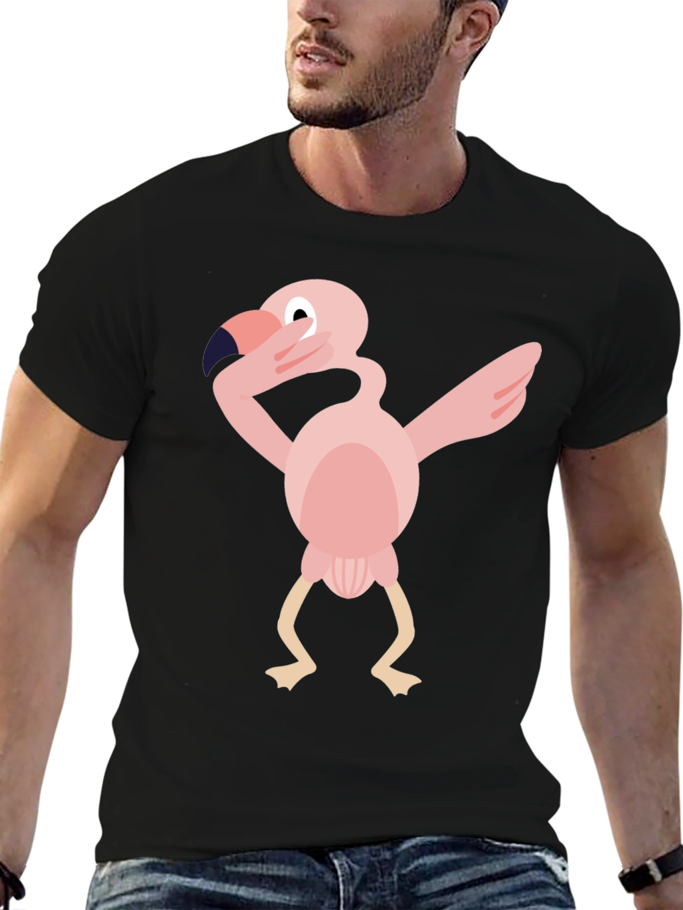 Black Dabbing Flamingo Graphic Tee - Black Cotton T-Shirt view 6