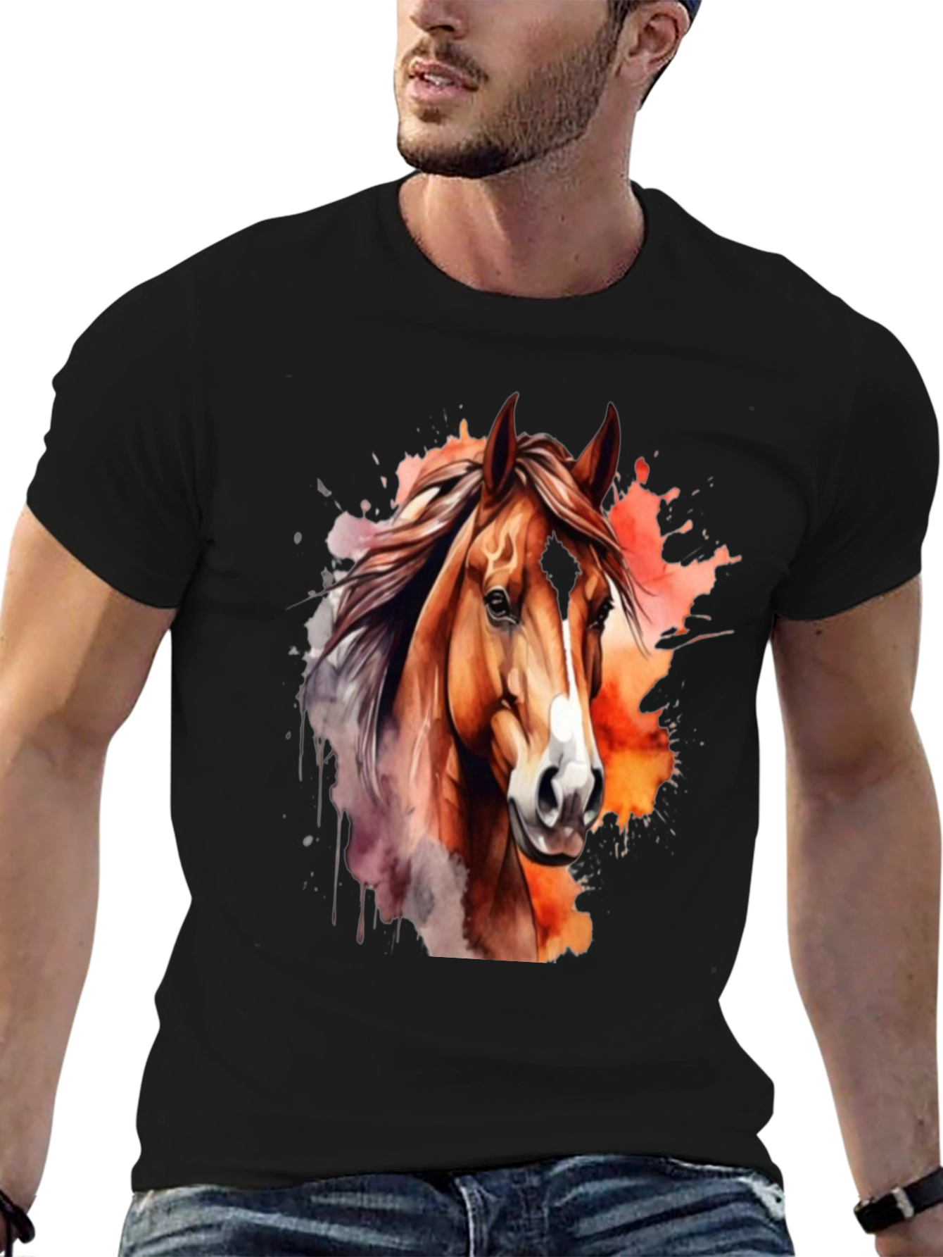 Black Horse Watercolor Graphic T-Shirt - Stylish Men's Tee view 6