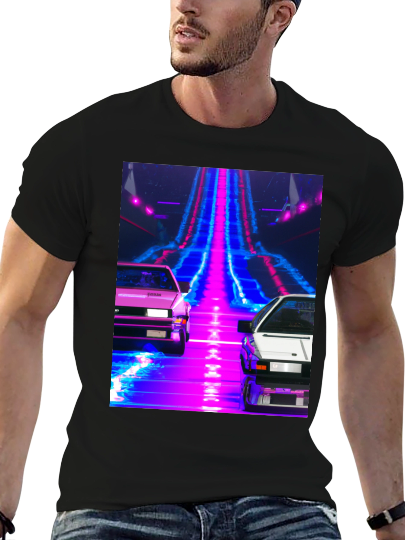 Black Retro Wave Car T-Shirt view 6