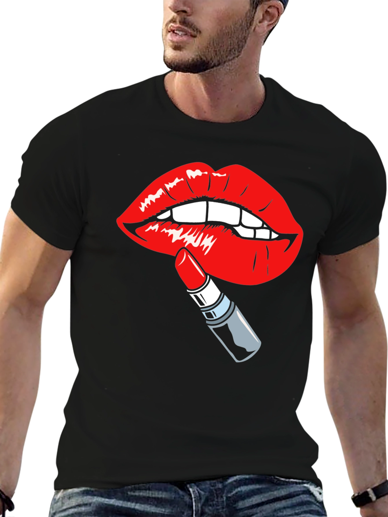 Black Bold Lips & Lipstick Graphic Tee - Black Cotton T-Shirt view 6