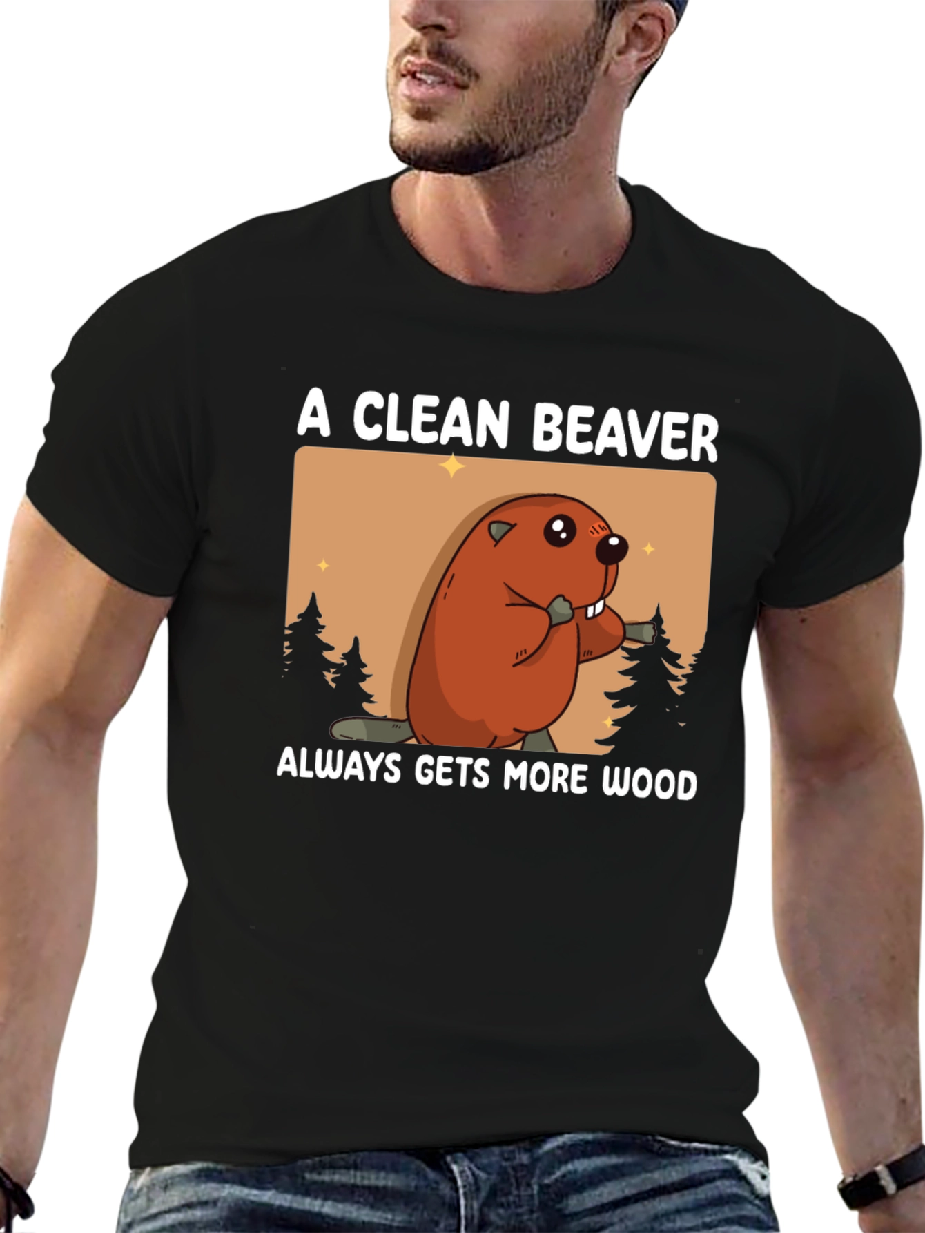 Black Clean Beaver More Wood T-Shirt - Novelty Graphic Tee view 6