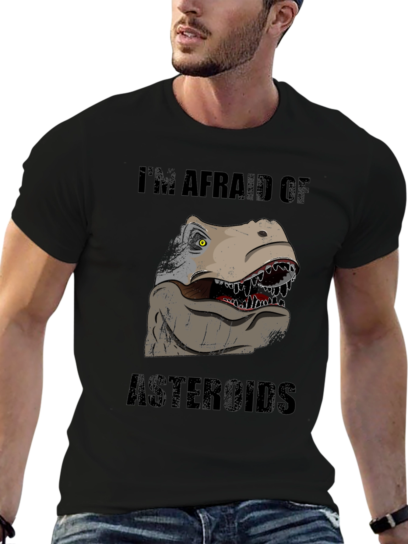 Black Dinosaur Afraid of Asteroids Graphic T-Shirt view 6