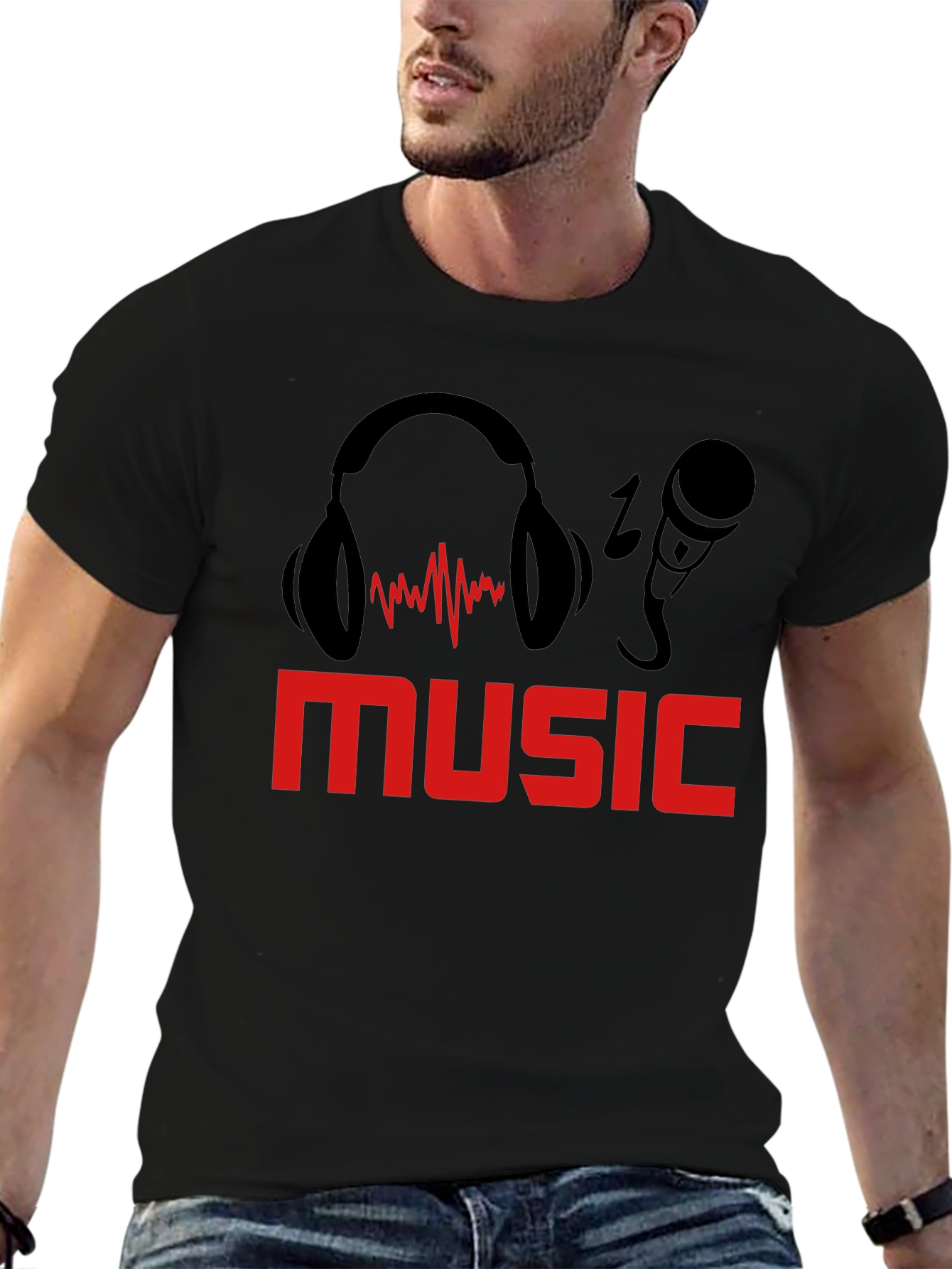 Black Music Lover's T-Shirt: Headphones & Mic Graphic Tee view 6
