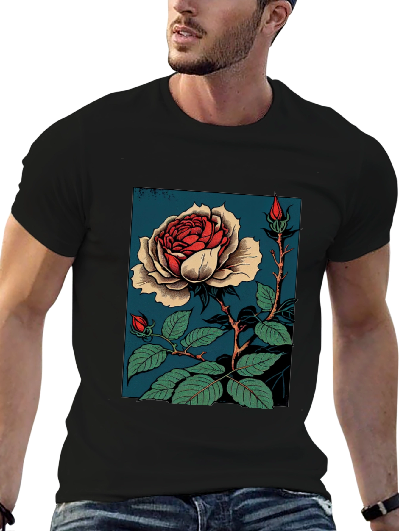 Black Elegant Rose Graphic T-Shirt - Black view 6