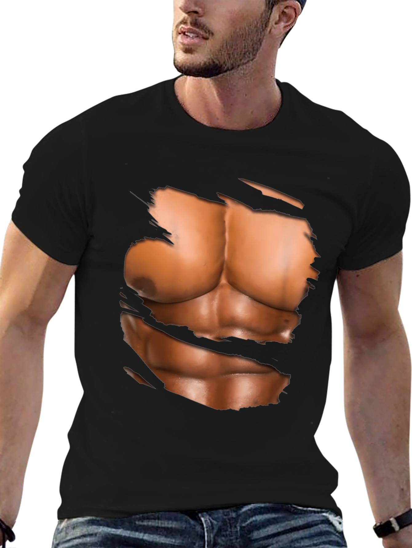 Black Ripped Abs Graphic T-Shirt - Novelty Muscle Design view 6