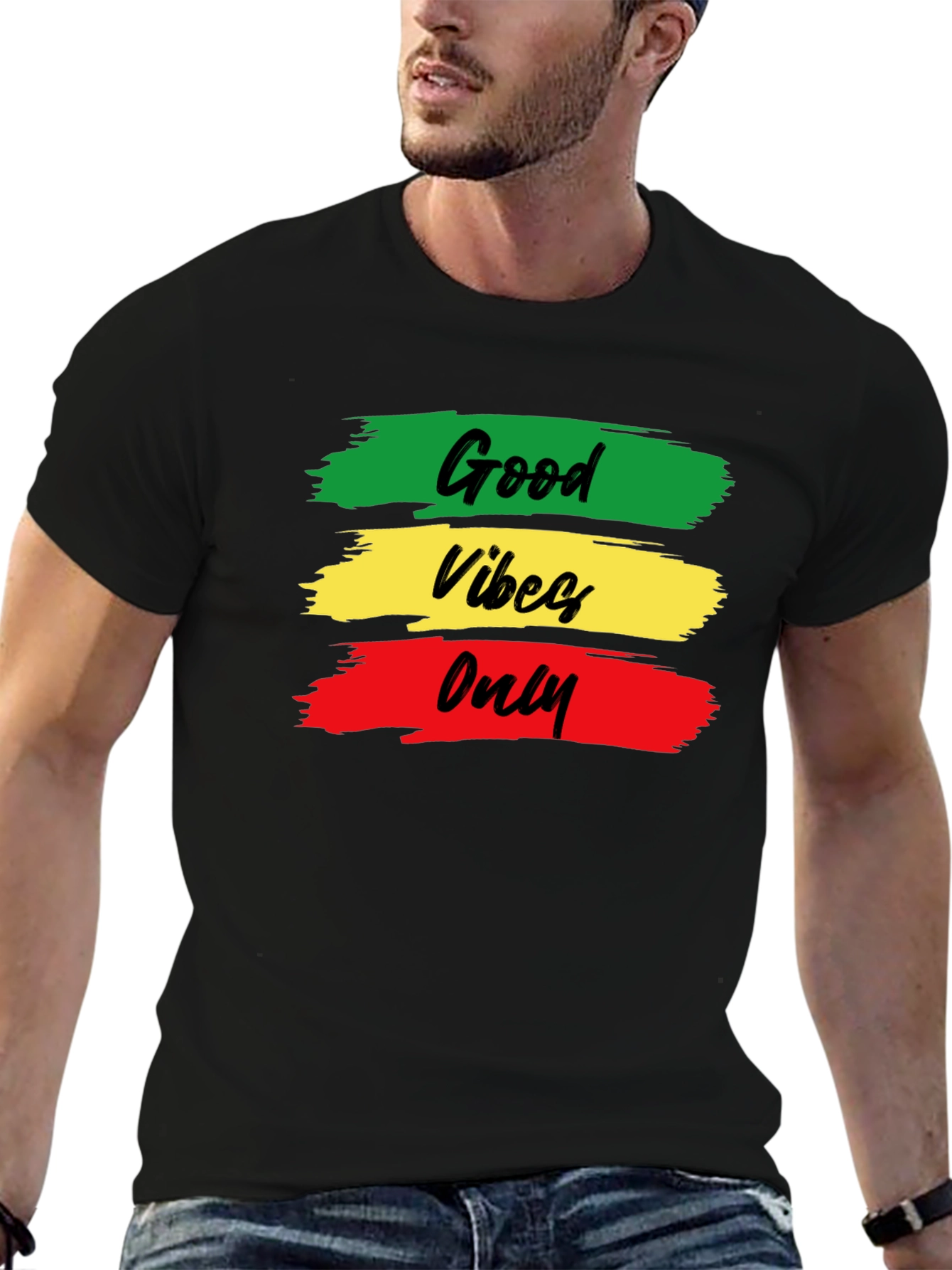 Black Good Vibes Only T-Shirt - Rasta Colors - Black Cotton view 6