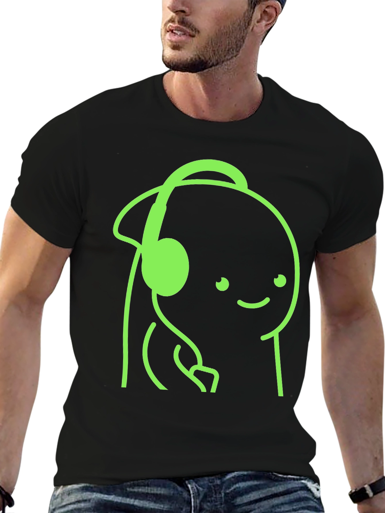 Black Cartoon Headphone Graphic Tee - Casual Style view 6