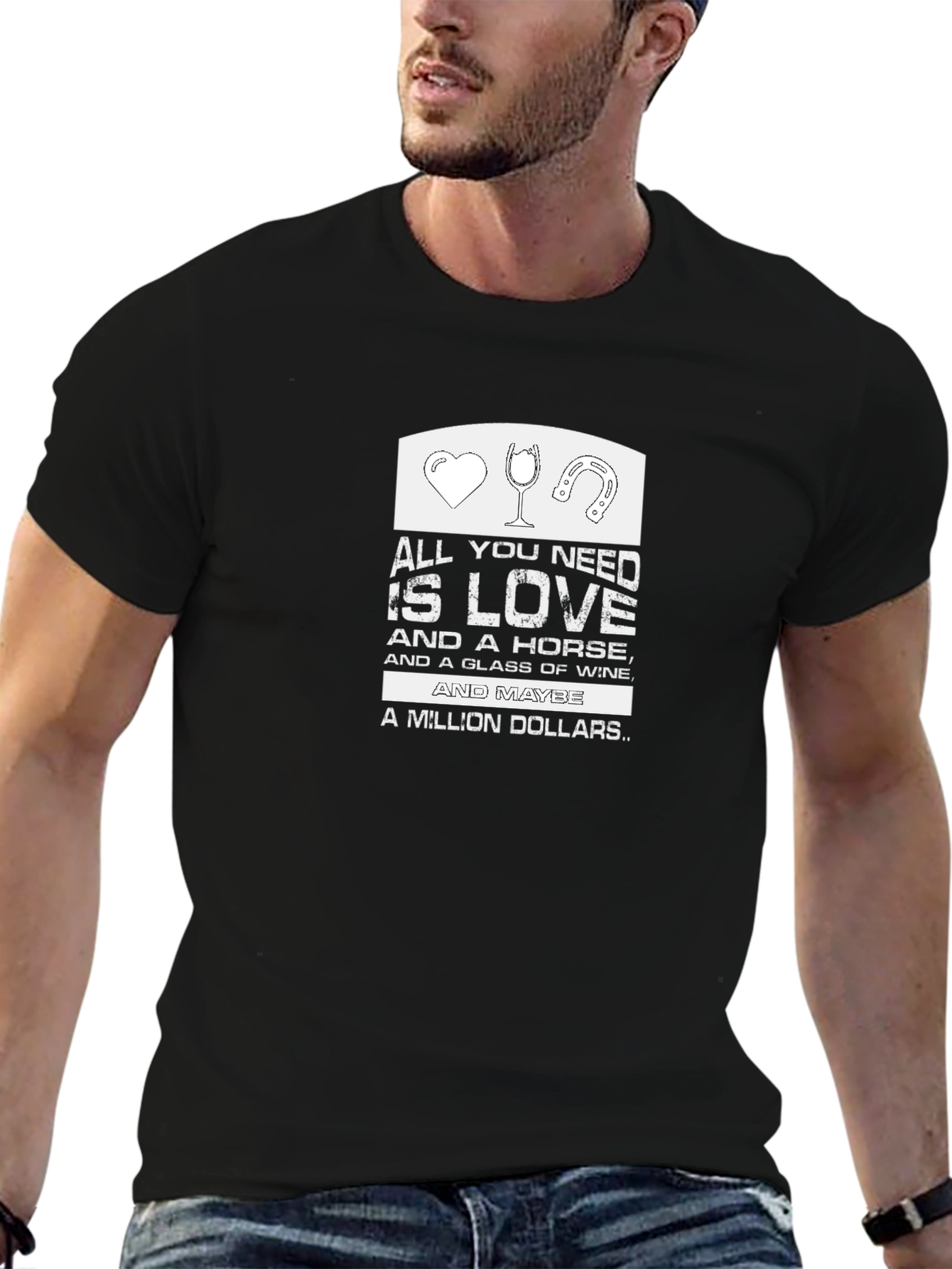 Black Love, Horse, Wine & Money T-Shirt -  Funny Graphic Tee view 6