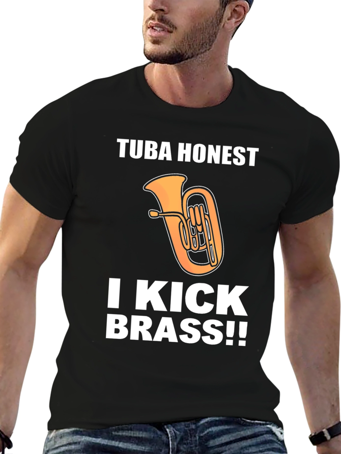 Black Tuba Honest, I Kick Brass!! Funny Music T-Shirt view 6