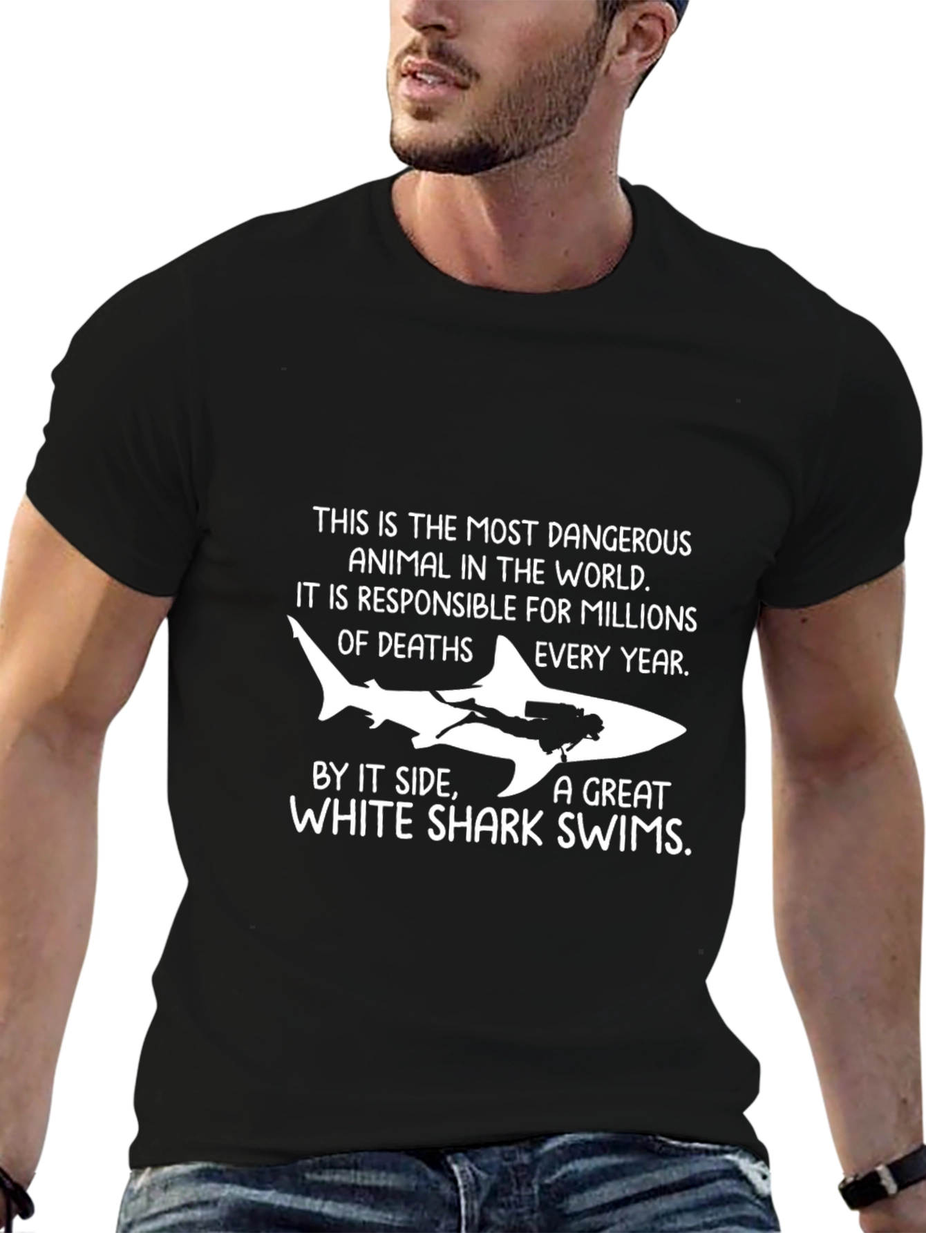 Black Dangerous Shark T-Shirt - Great White Diver Tee view 6