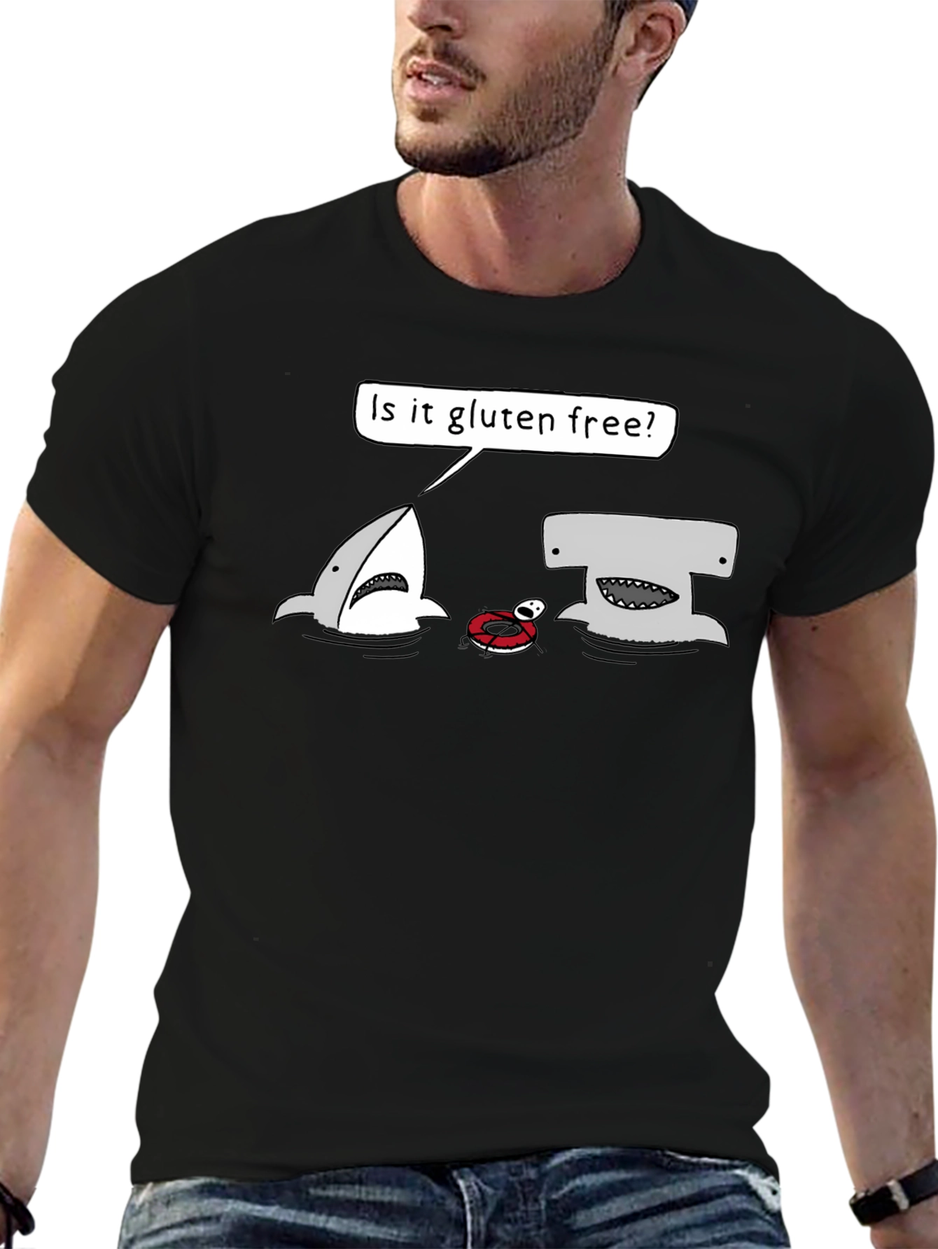 Black Gluten-Free Shark Graphic Tee - Humor T-Shirt view 6
