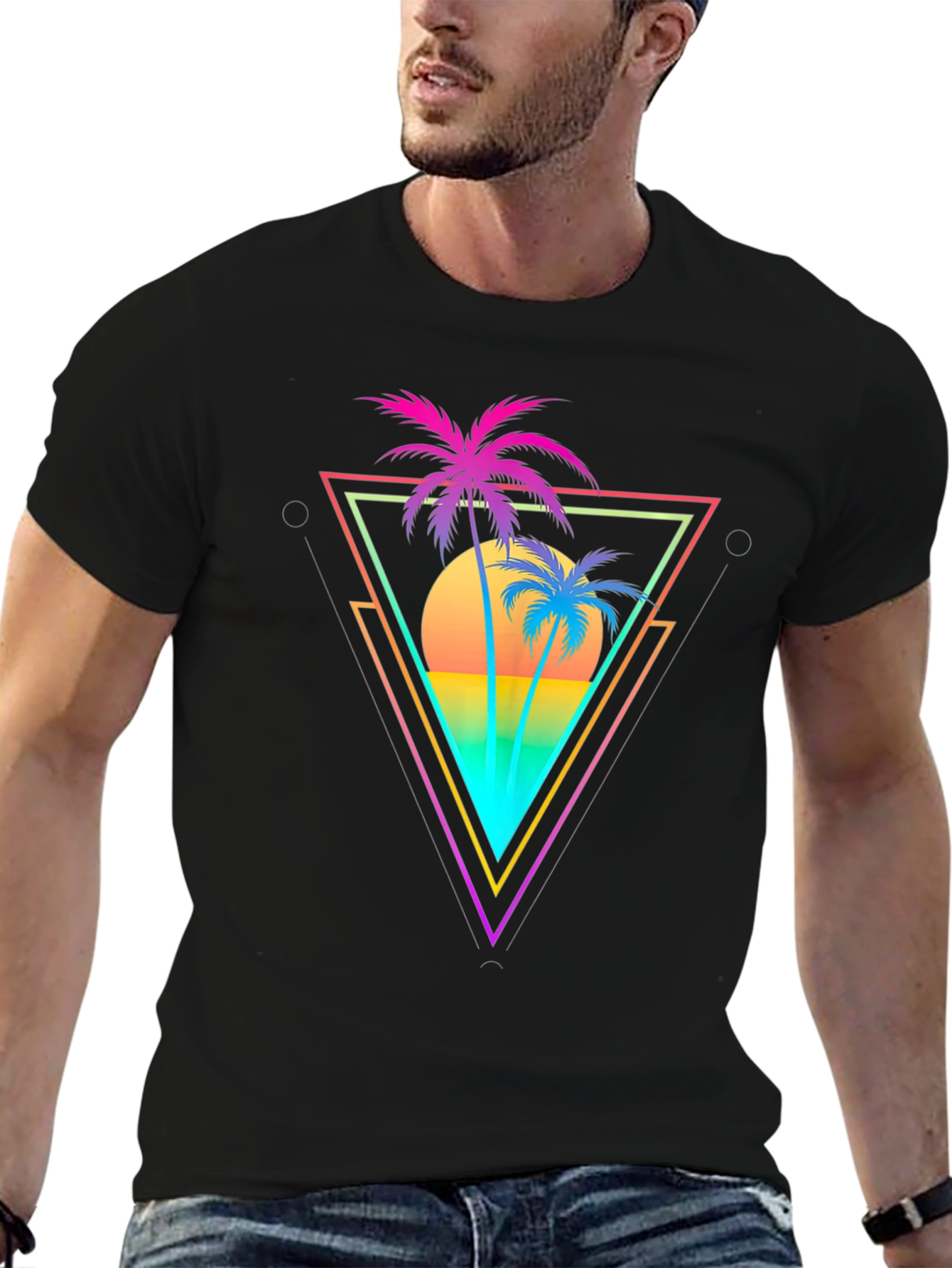 Black Retro Palm Tree Triangle Graphic T-Shirt view 6