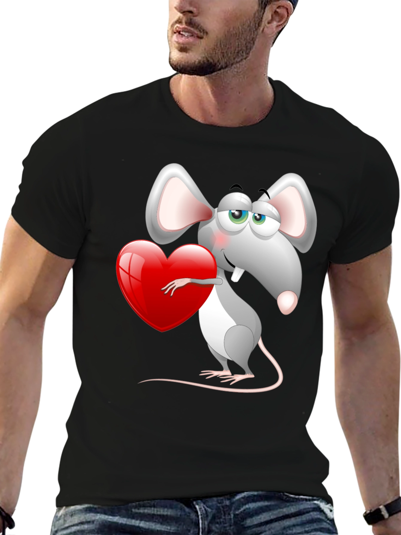 Black Cute Mouse with Heart Graphic Tee - Black view 6