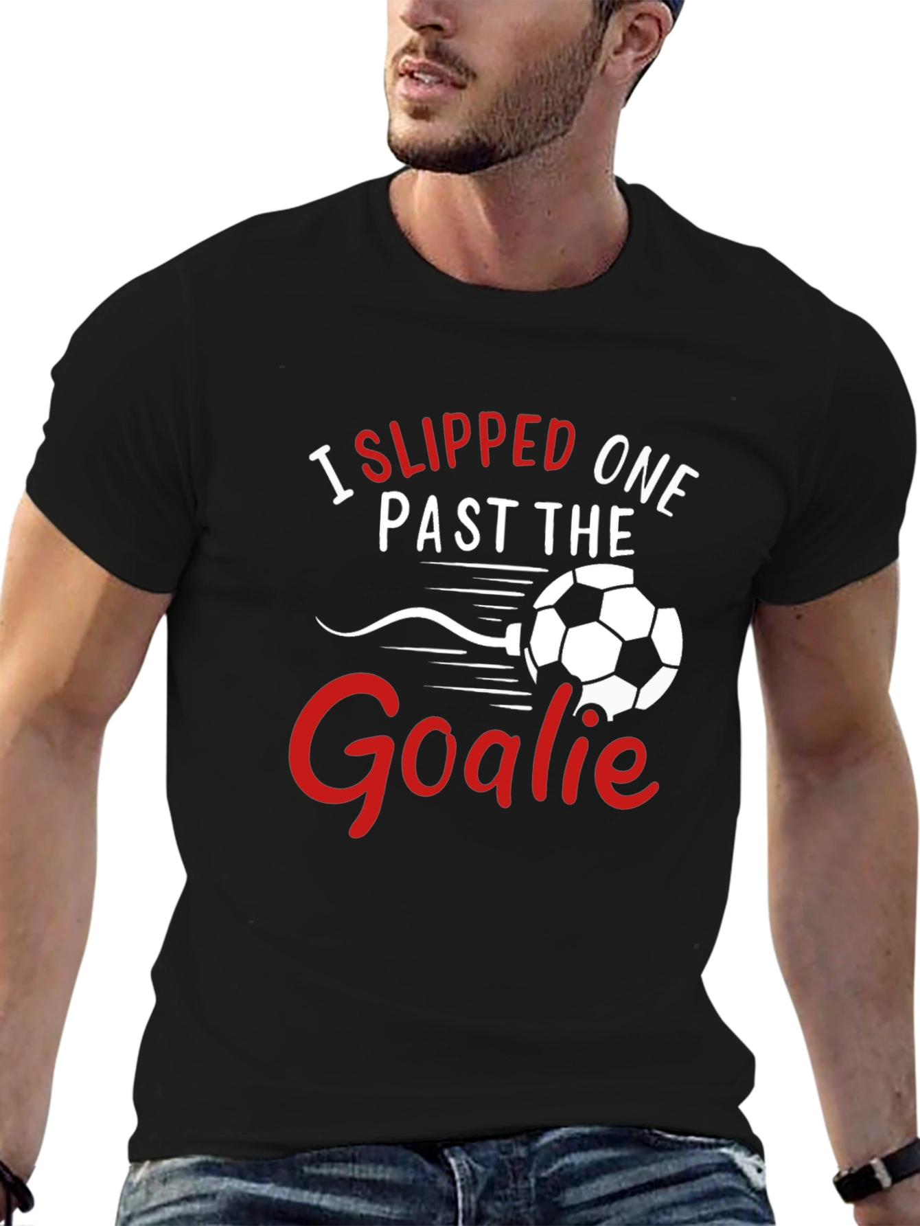Black Funny Soccer T-Shirt: I Slipped One Past The Goalie view 6
