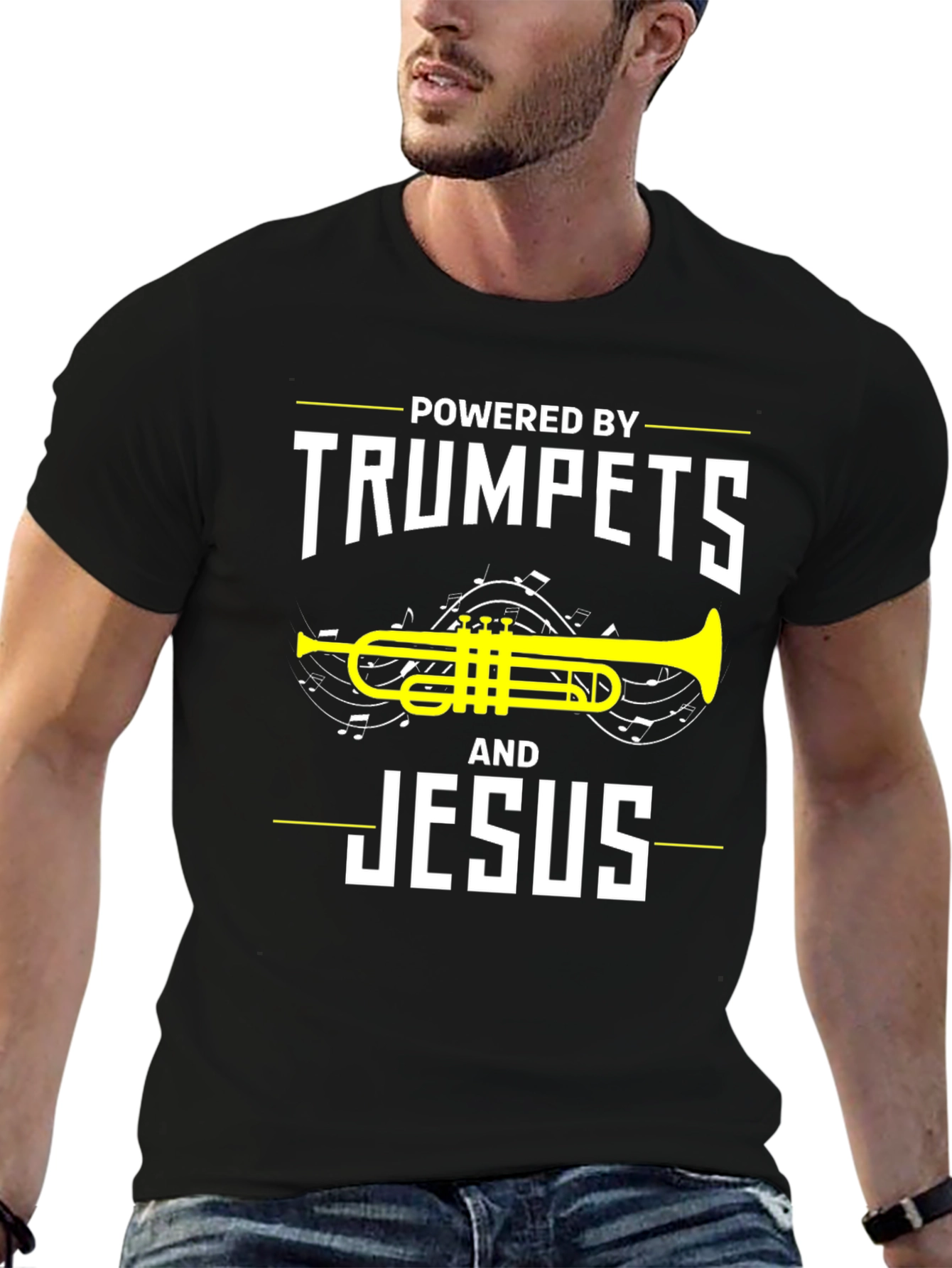 Black Powered By Trumpets and Jesus T-Shirt view 6