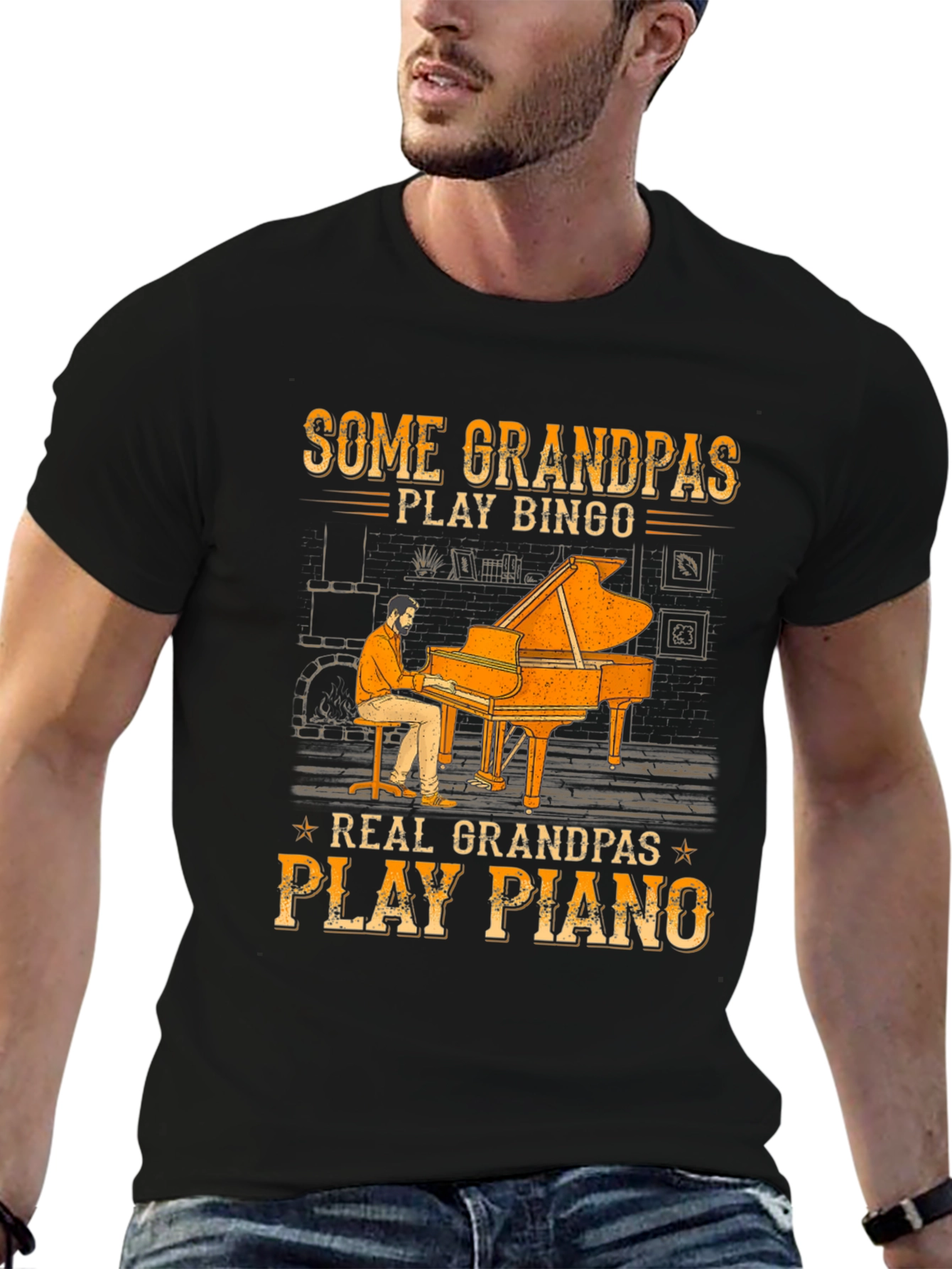 Black Grandpa Piano Player Graphic Tee - Cool Grandparent Gift view 6