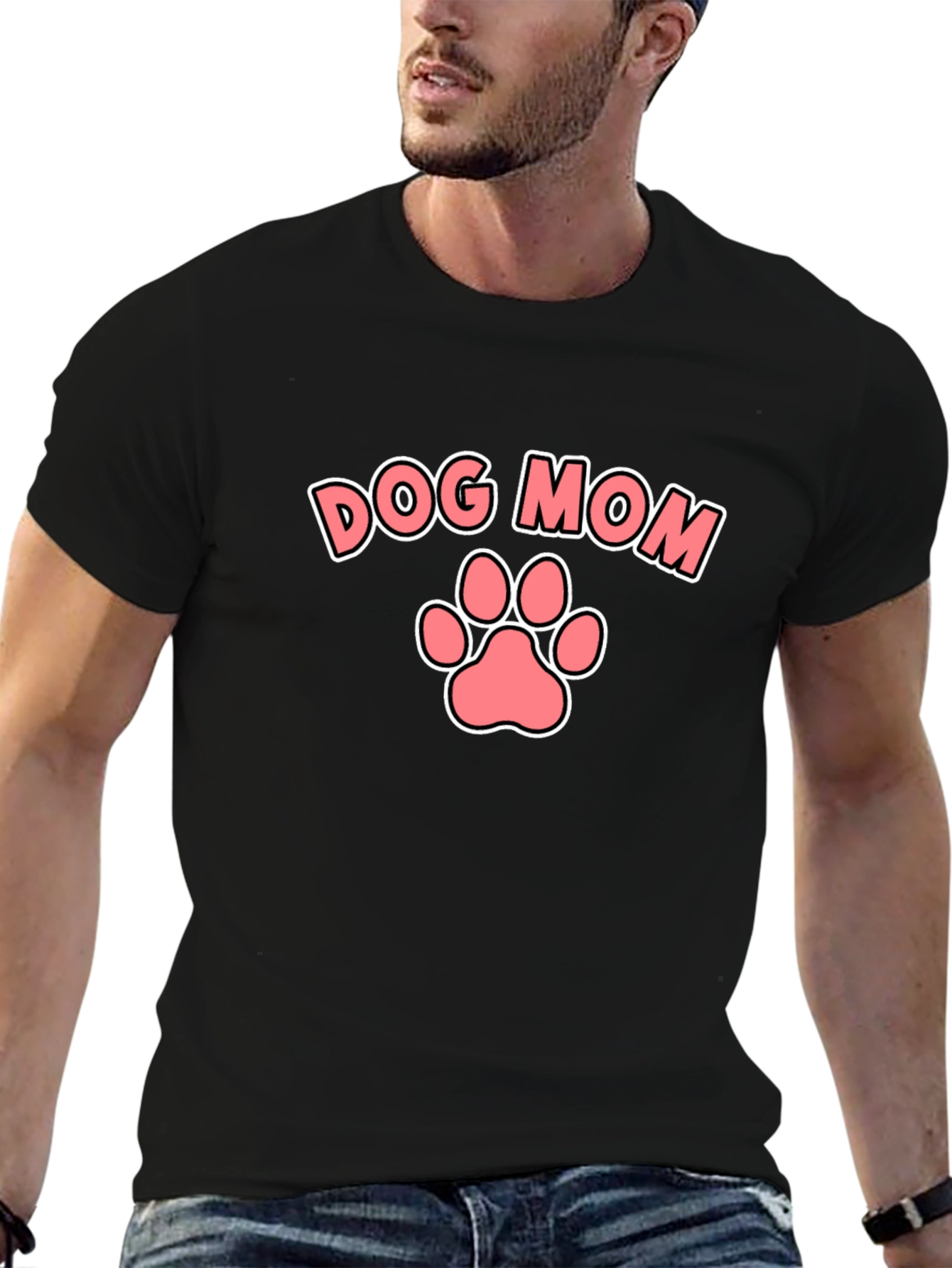 Black Dog Mom T-Shirt - Black Tee with Pink Paw Print view 6