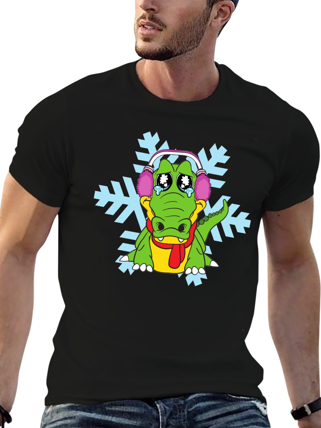 Black Sad Alligator Snowflake Graphic T-Shirt view 6
