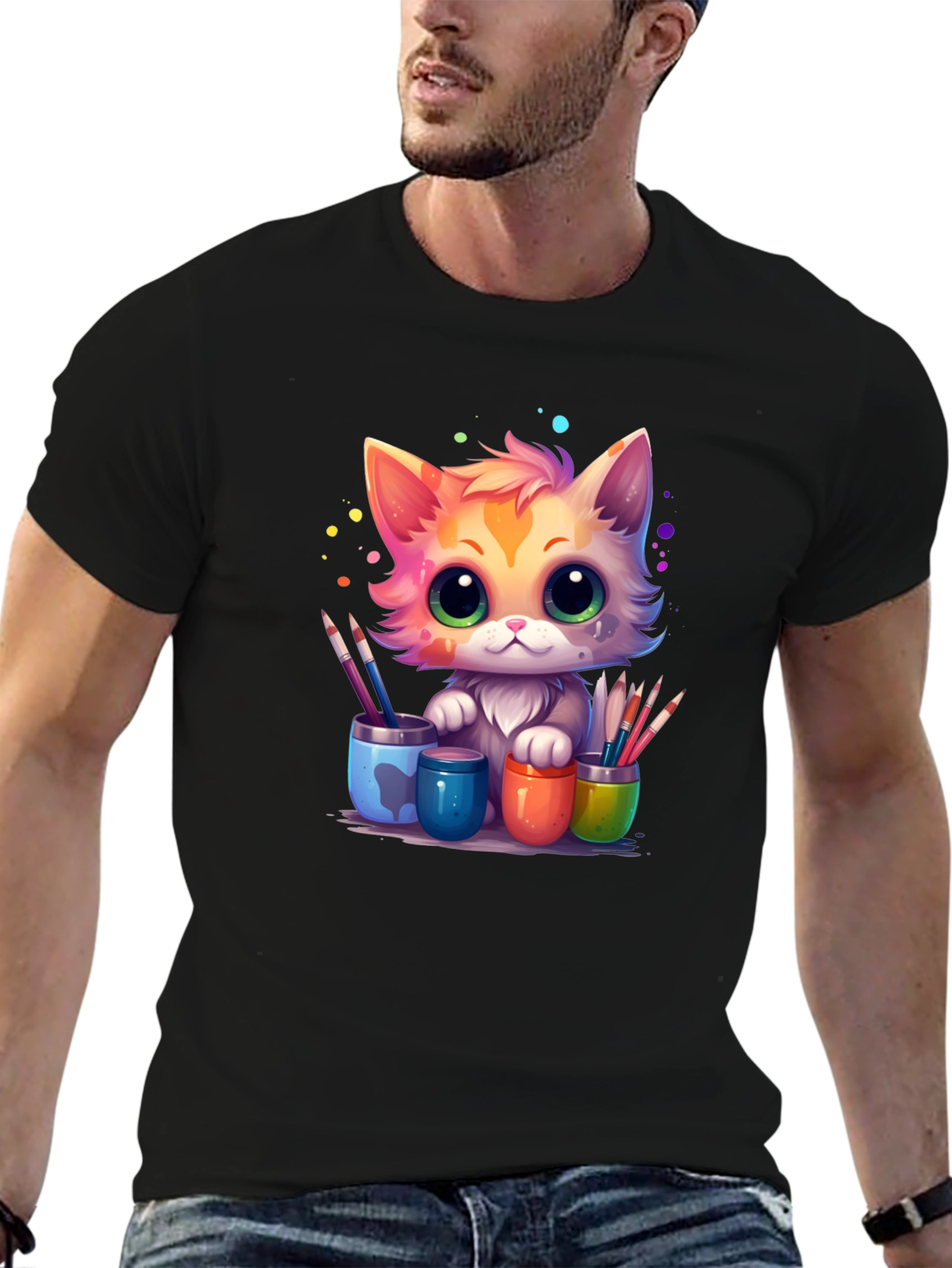 Black Artist Cat T-Shirt - Cute & Colorful Design view 6