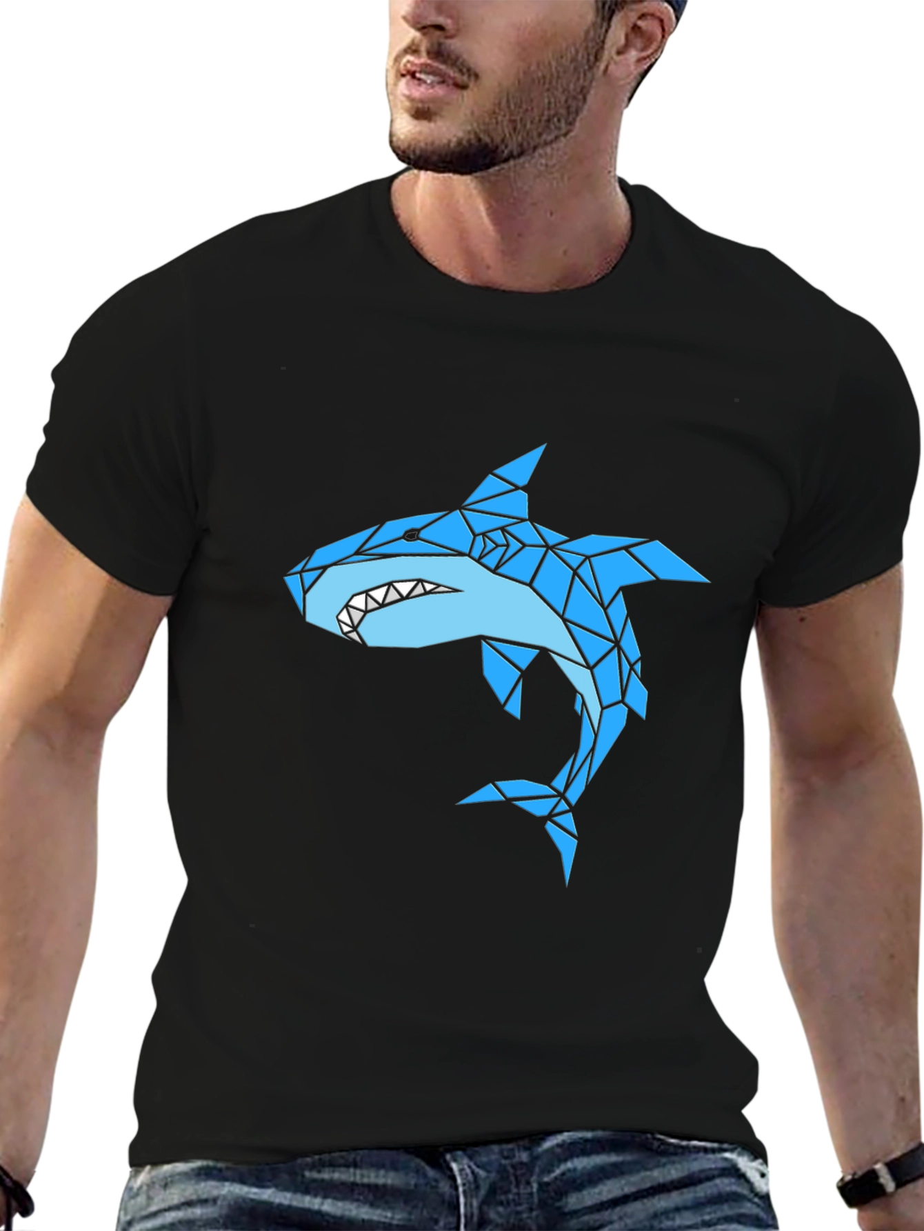 Black Geometric Shark Graphic Black T-Shirt view 6