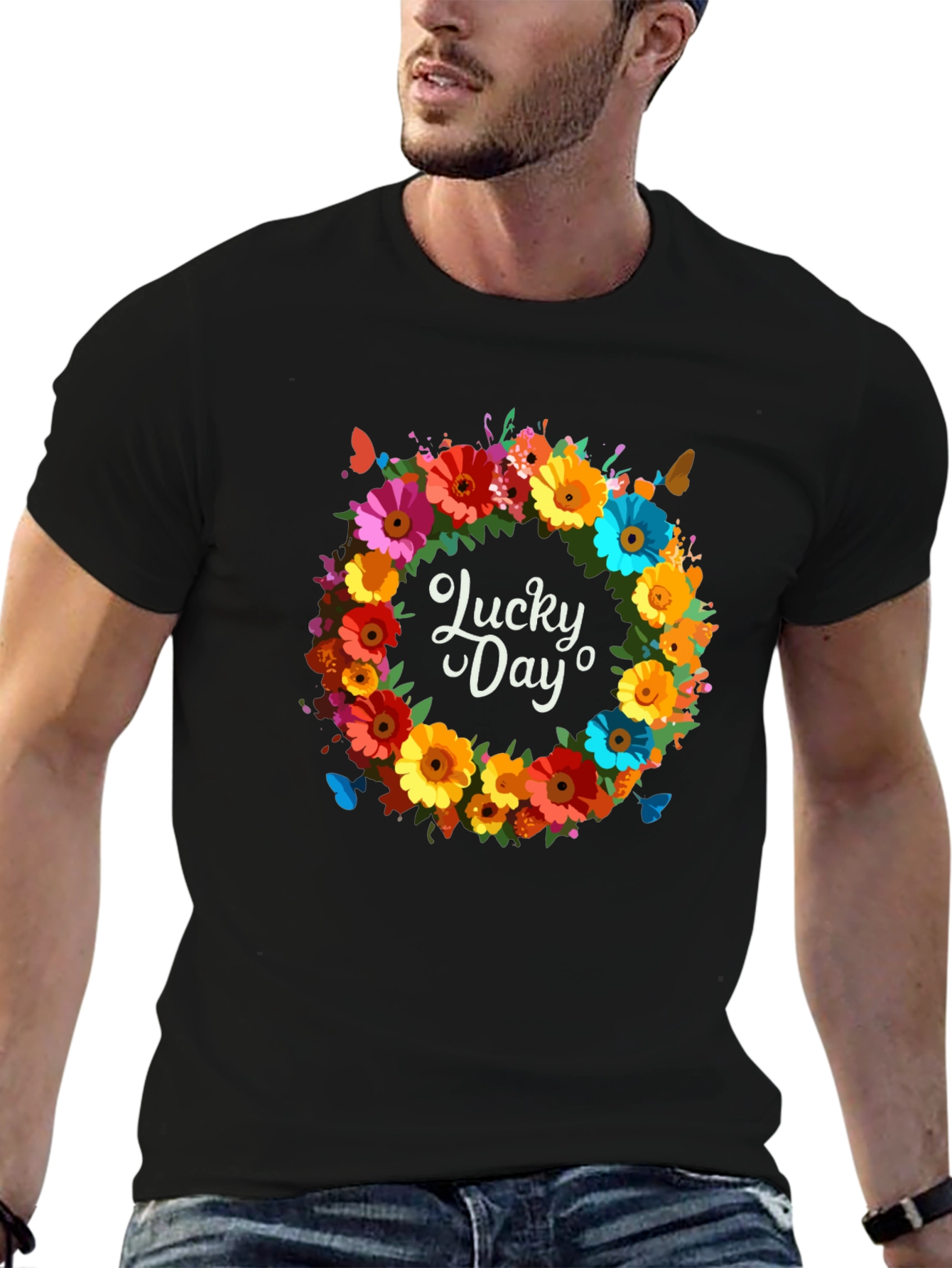 Black Lucky Day Floral Wreath Graphic Tee view 6
