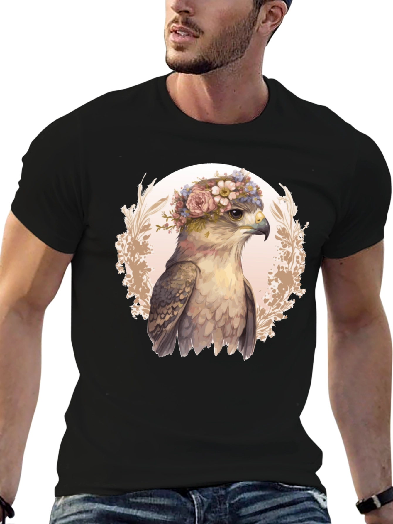 Black Floral Hawk Graphic Tee - Unique Bird T-Shirt view 6