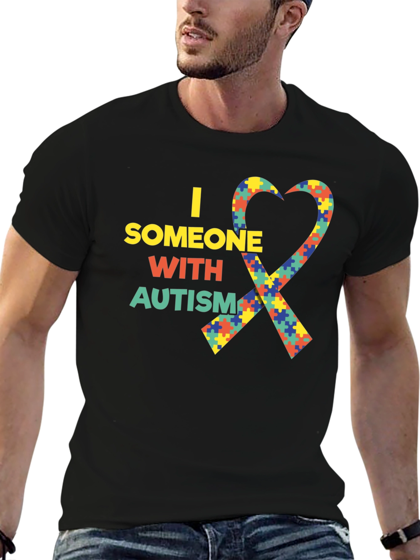 Black Autism Awareness Heart Ribbon Black T-Shirt view 6
