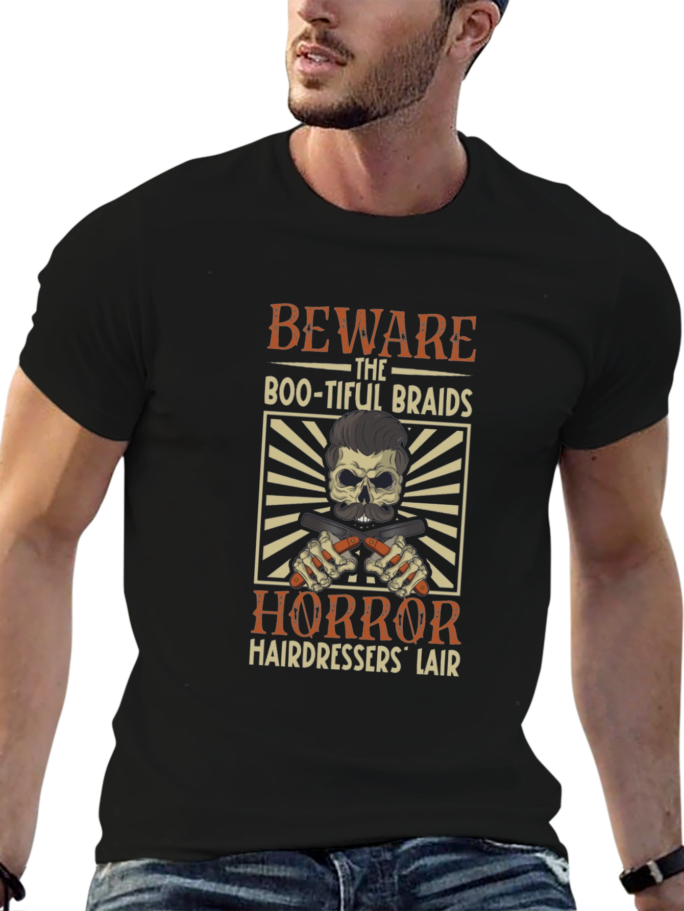 Black Beware Horror Hairdressers' Lair T-Shirt view 6