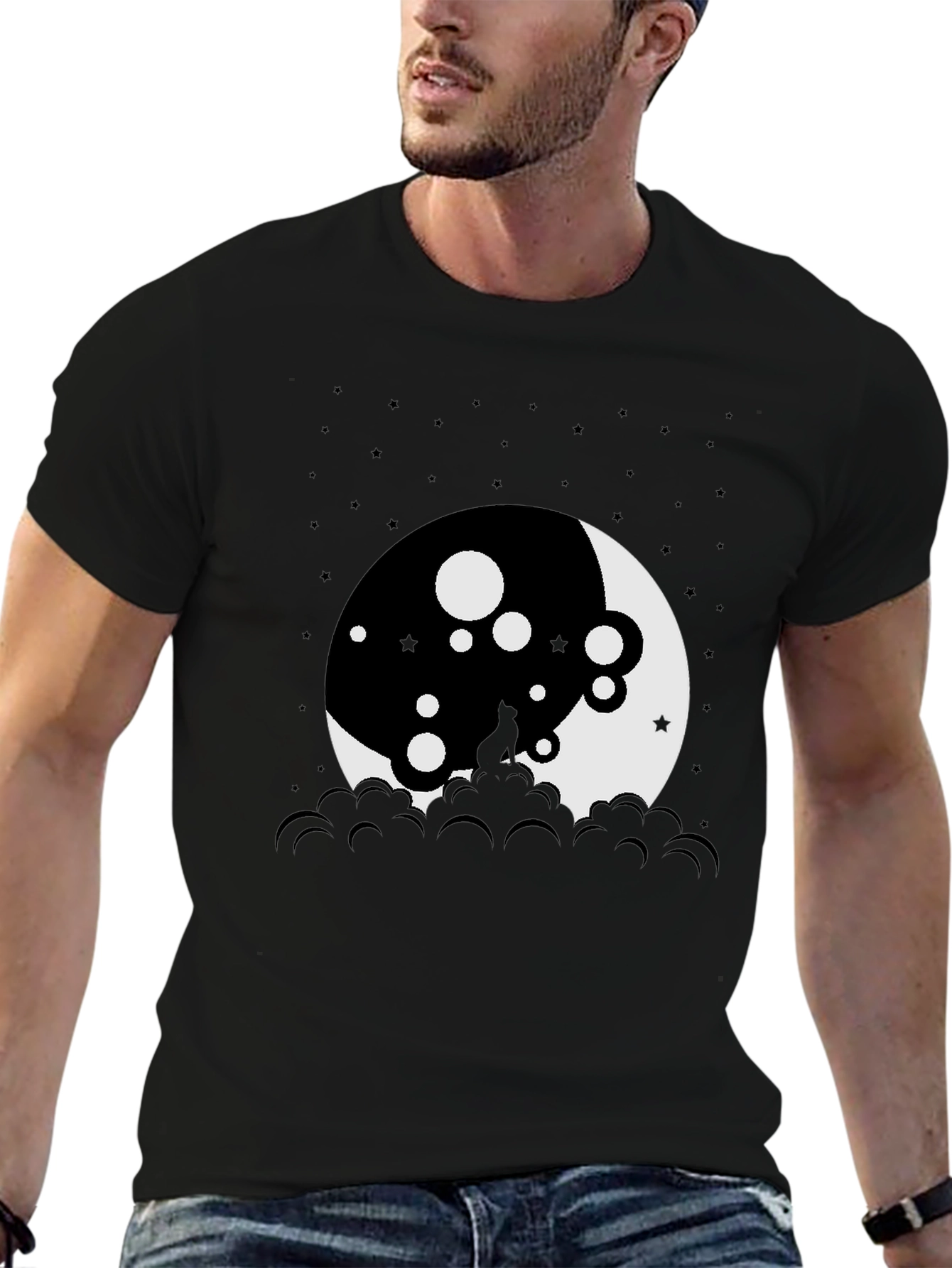 Black Moon Cat Graphic Tee - Black Cotton T-Shirt view 6