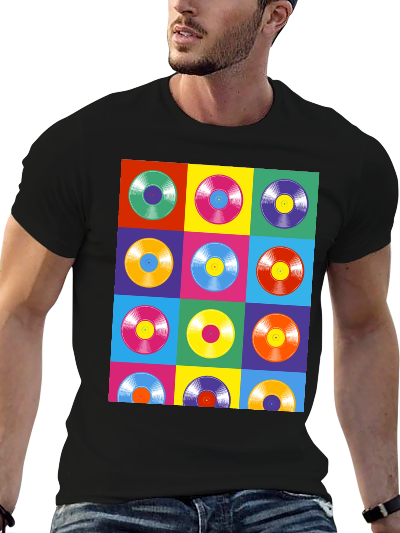 Black Retro Vinyl Record Pop Art T-Shirt view 6