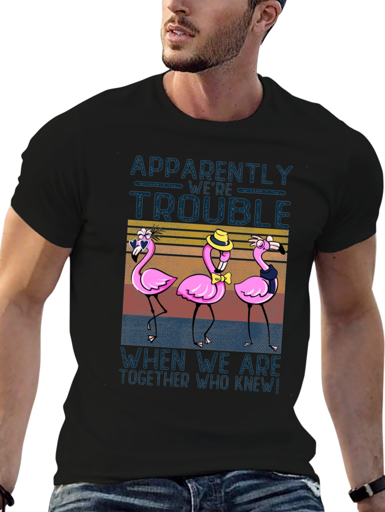 Black Funny Flamingo Trouble T-Shirt - Novelty Design view 6