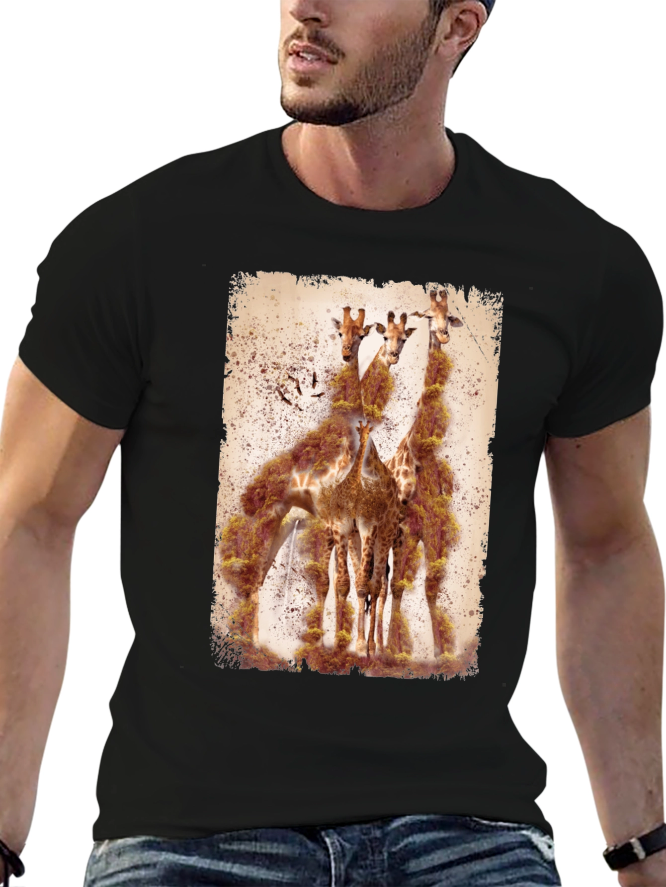 Black Giraffe Print Graphic Tee - Men's Black T-Shirt view 6