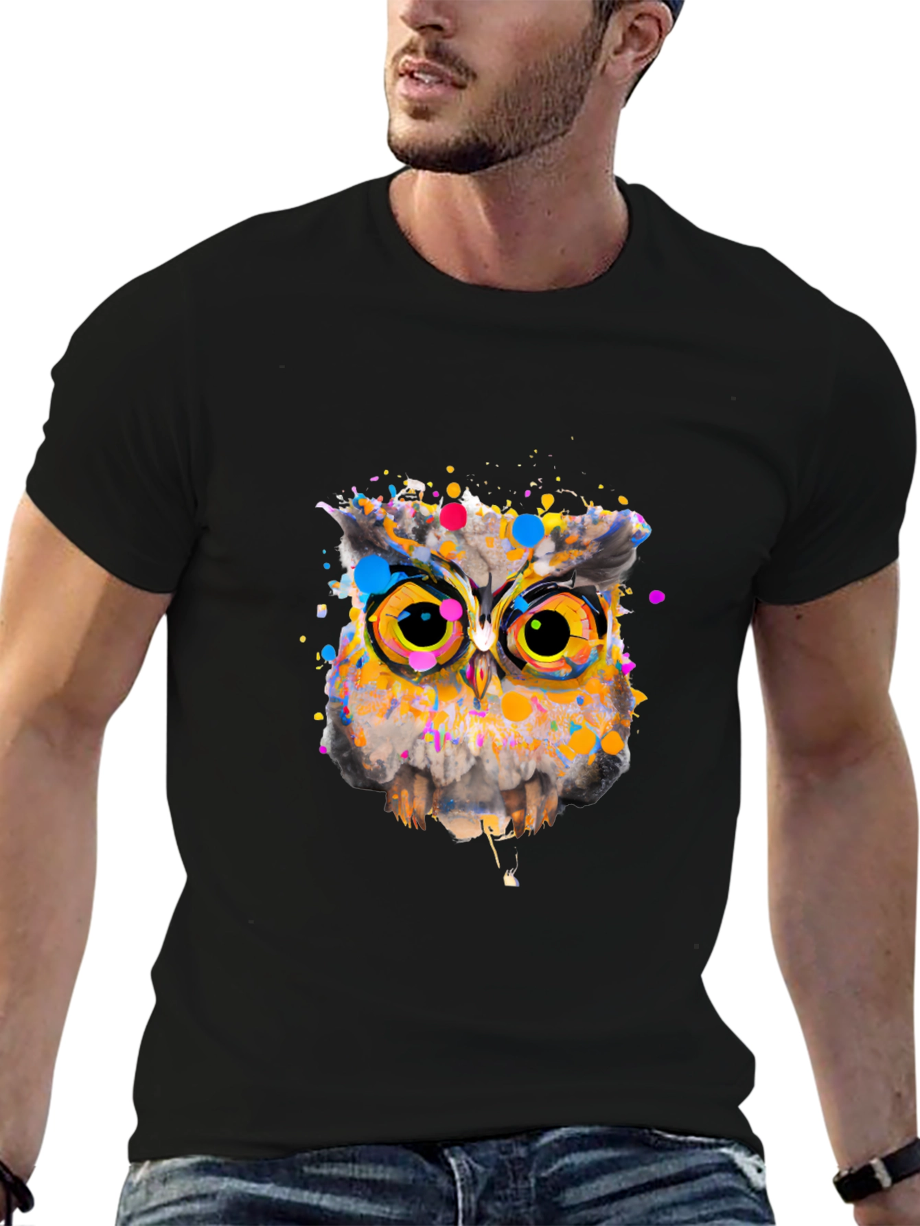 Black Owl Art Graphic Black T-Shirt view 6