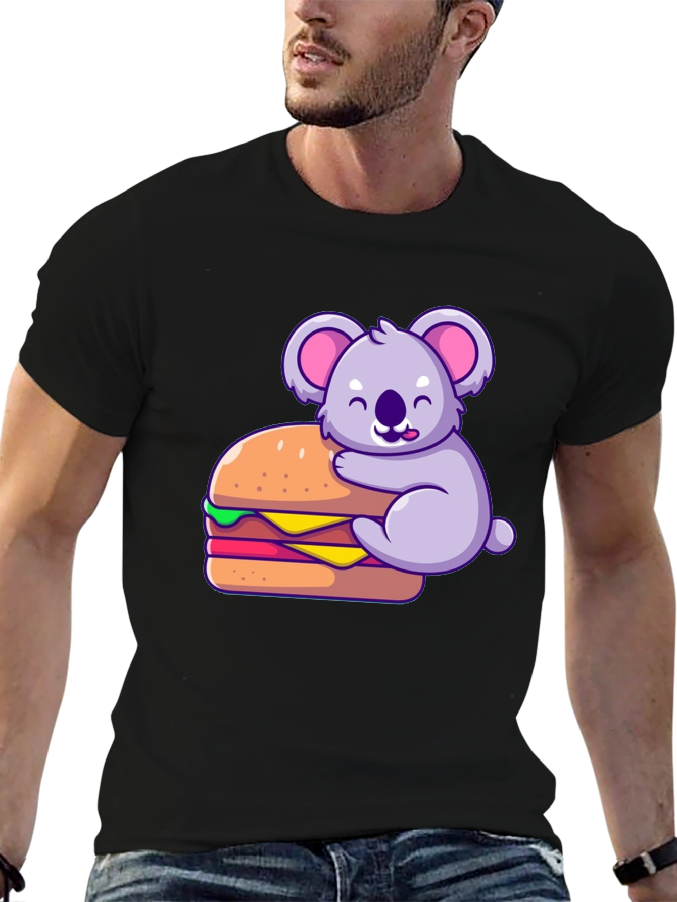 Black Koala Hugging Burger Graphic T-Shirt - Black view 6