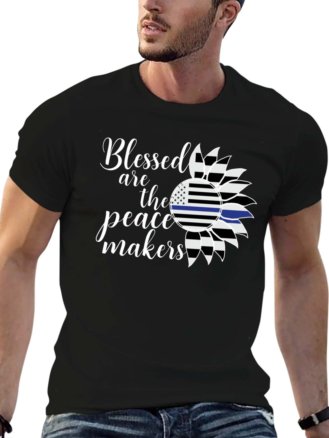Black Blessed Peacemakers T-Shirt - Thin Blue Line Sunflower view 6