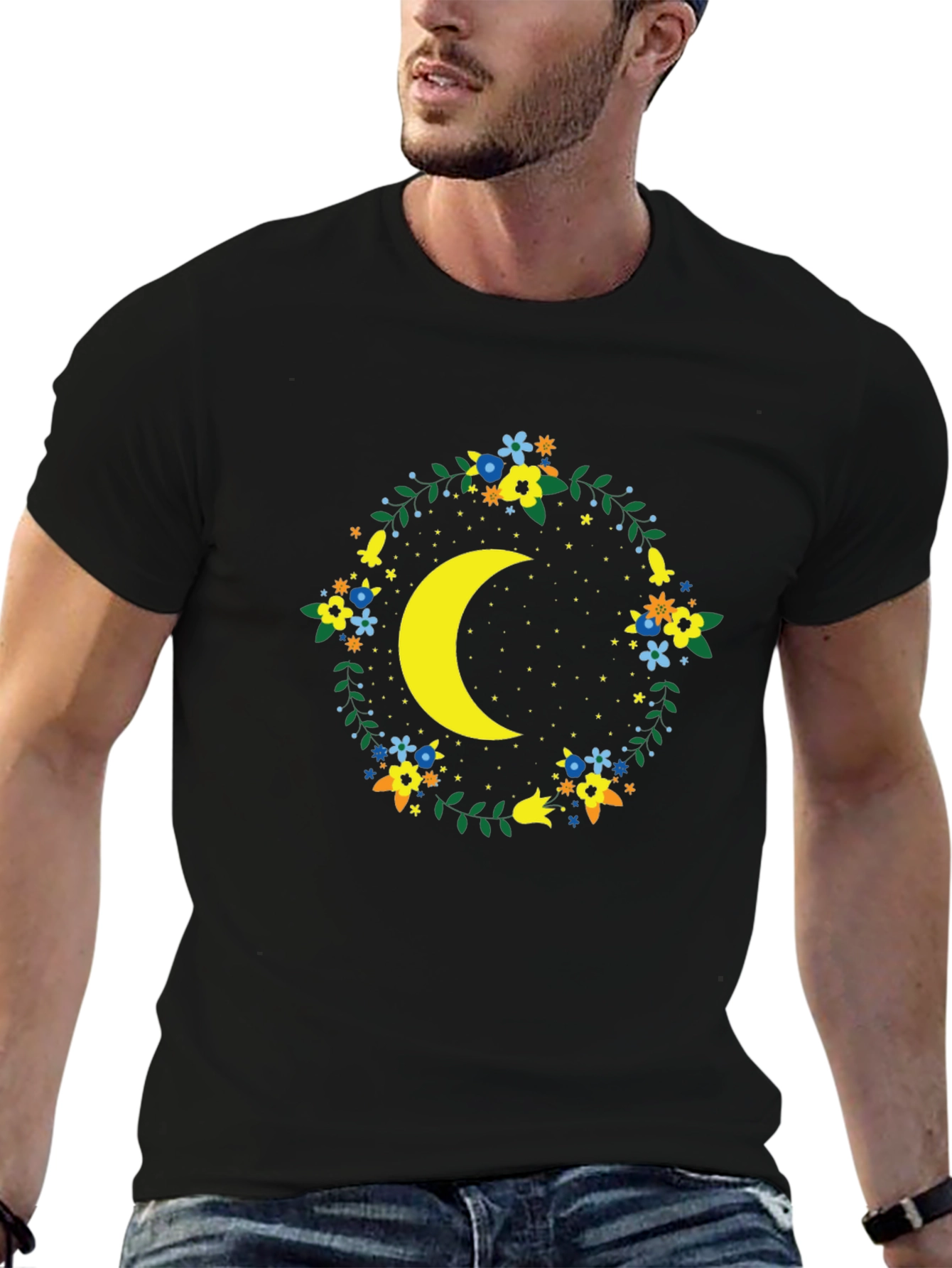 Black Floral Crescent Moon Graphic Tee - Black view 6