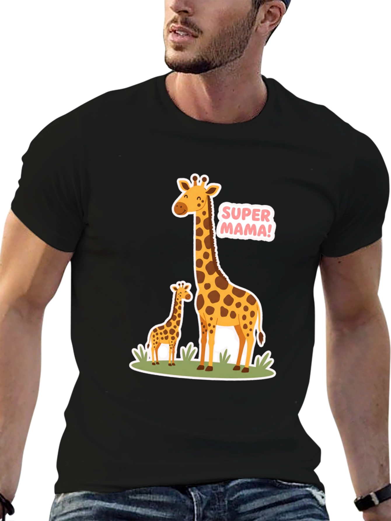 Black Super Mama Giraffe T-Shirt - Black Cotton Tee view 6