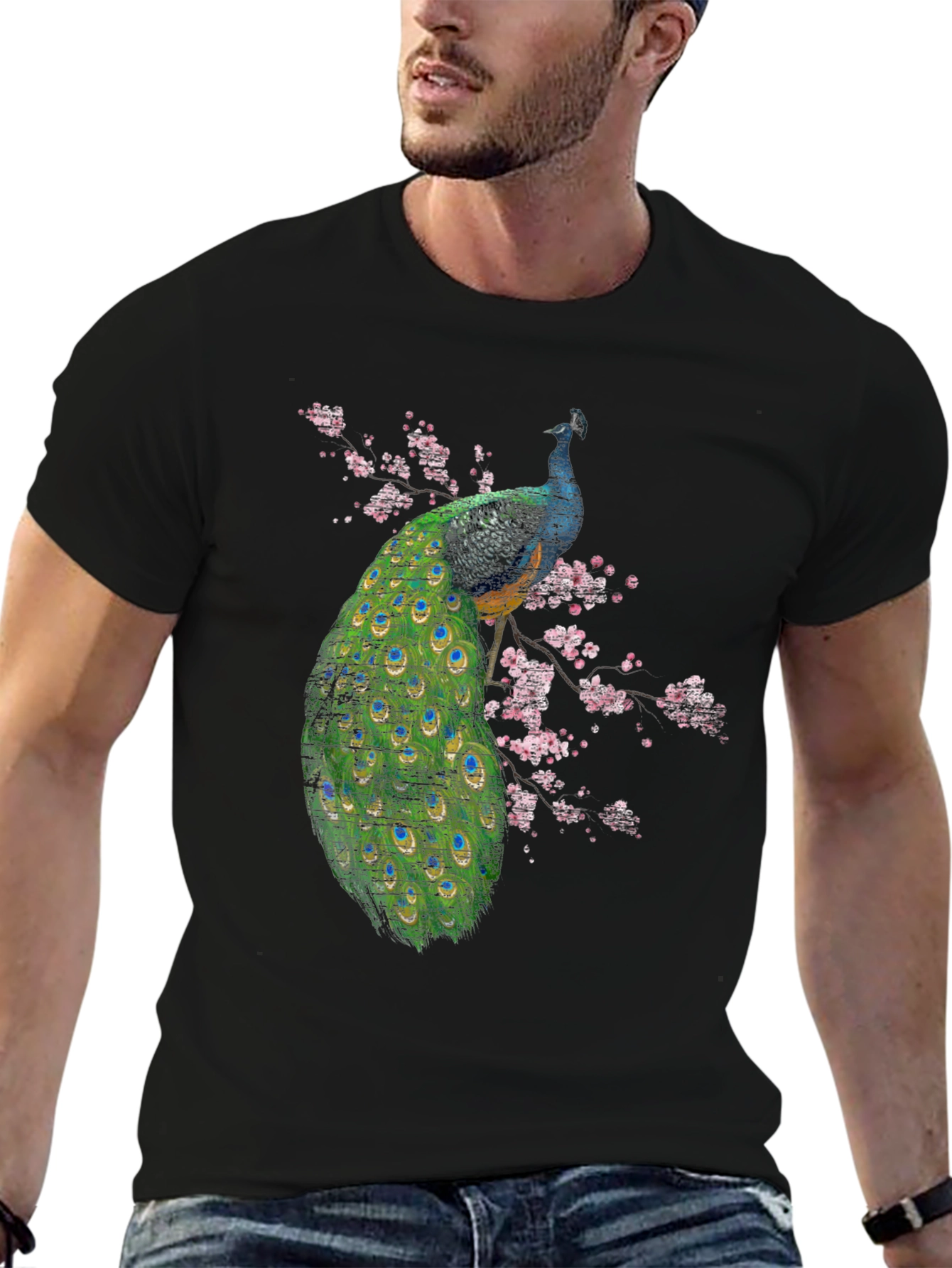 Black Peacock Blossom Graphic Black T-Shirt view 6