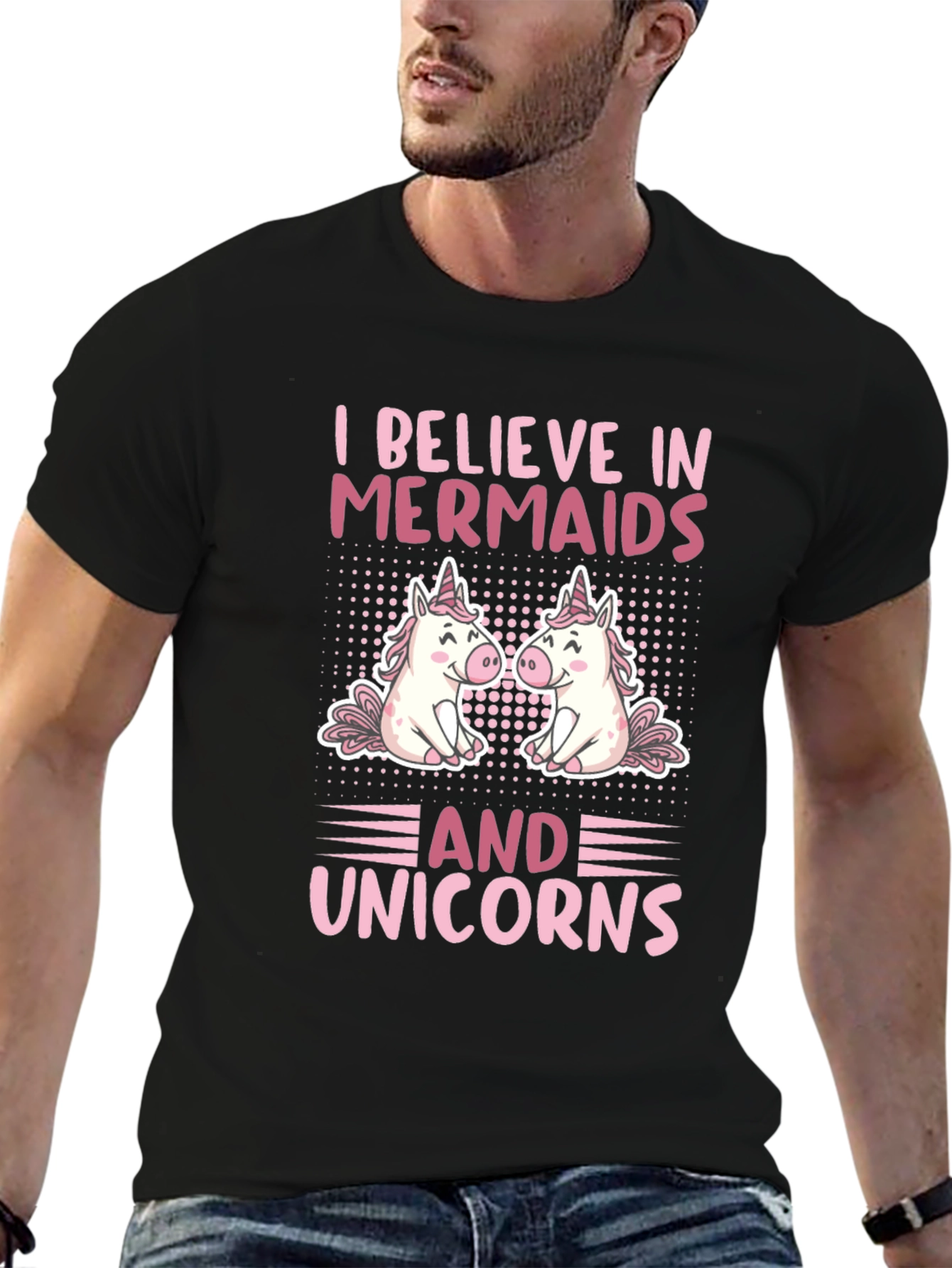 Black I Believe In Mermaids And Unicorns T-Shirt view 6