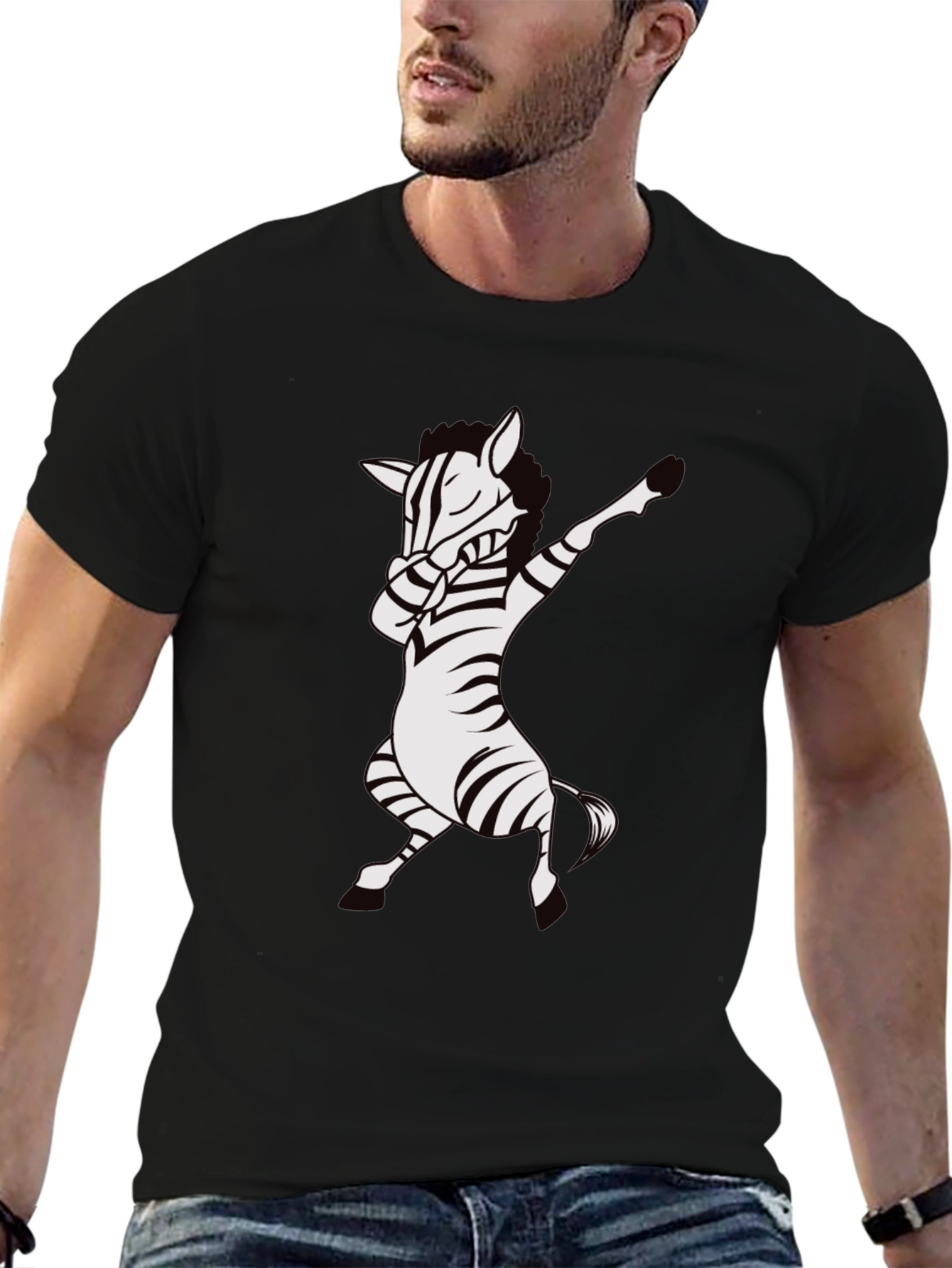 Black Dabbing Zebra T-Shirt - Black Cotton Tee view 6