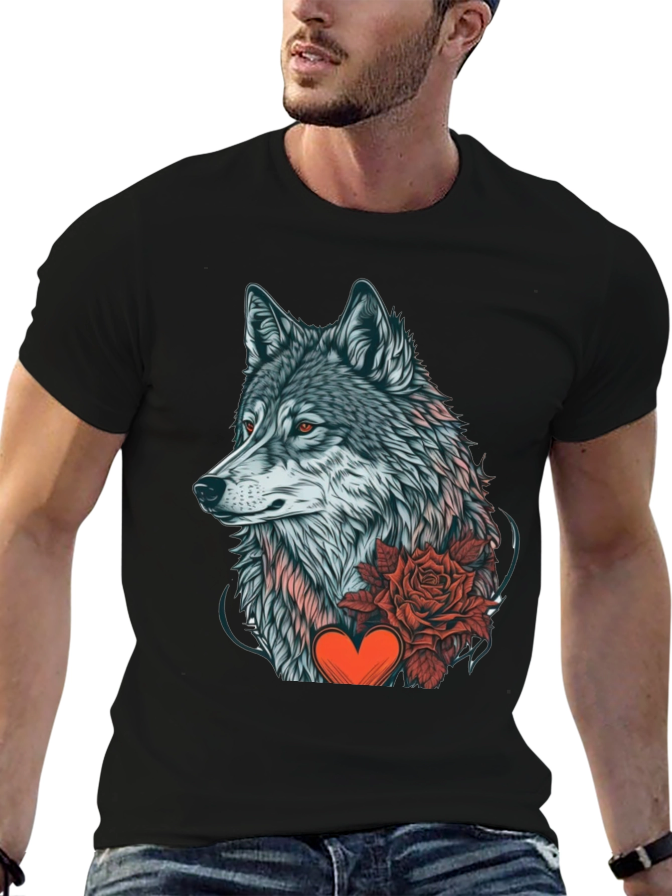 Black Wolf Rose Heart Graphic Black T-Shirt view 6