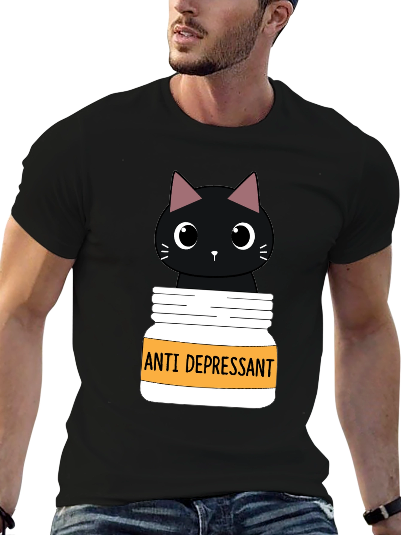 Black Anti Depressant Cat T-Shirt, Funny Graphic Tee view 6