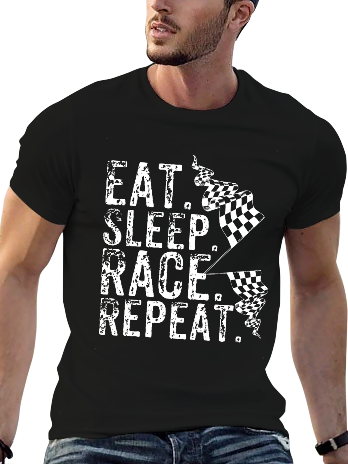 Black Eat Sleep Race Repeat T-Shirt - Racing Fan Apparel view 6