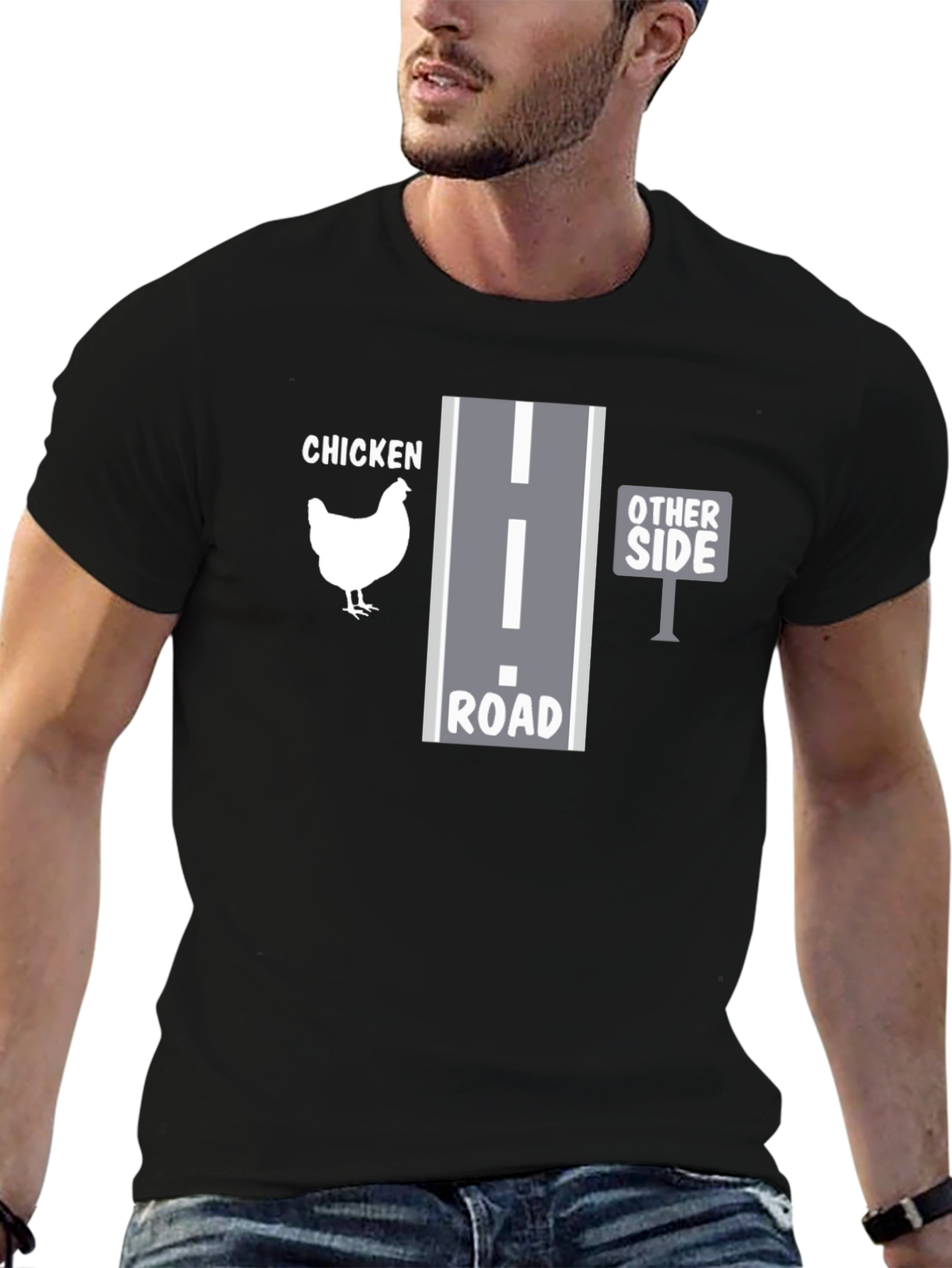 Black Why Did the Chicken Cross the Road T-Shirt view 6
